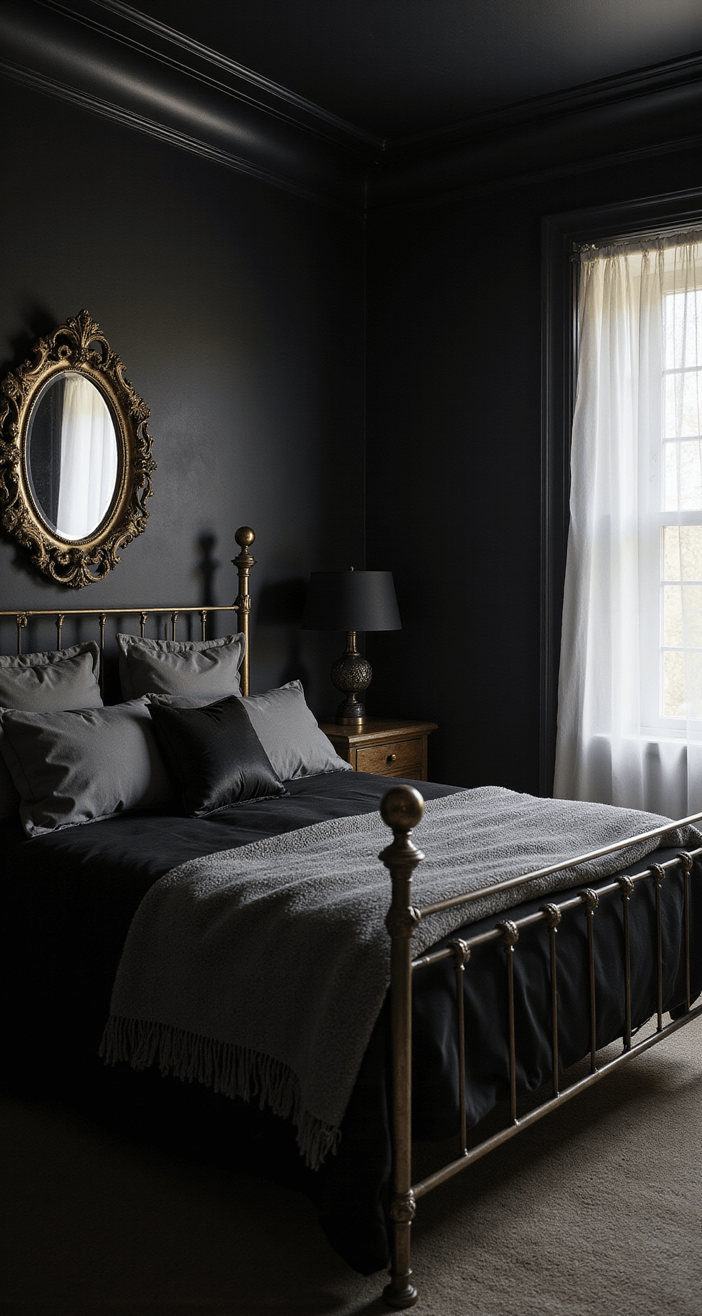 Moody boudoir scene at dawn featuring soft, diffused light in a 12x14ft space with black grasscloth wallpaper and glossy black crown molding. A vintage brass bed frame adorned with black linen and gray cashmere layers, reflecting morning light in antique mercury glass mirrors, captured from bed level with a 35mm lens at f/2 for a dreamy effect.