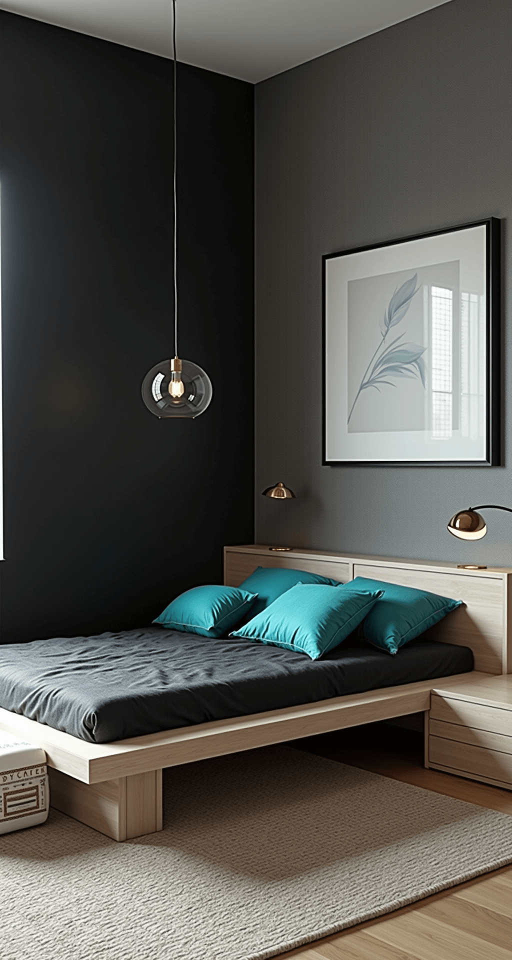 A minimalist 14x14ft bedroom featuring a matte black wall and textured gray wallpaper, a platform bed with bleached oak nightstands, black linen bedding, aqua accent pillows, and artwork, illuminated by suspended globe pendant lights.