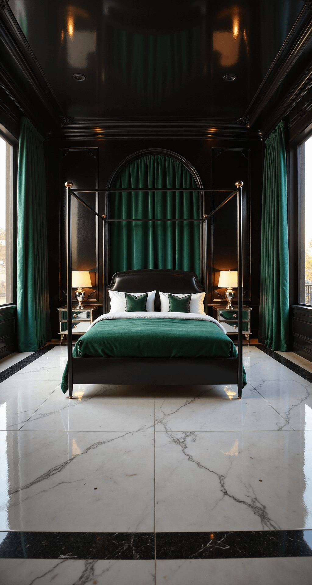 A dramatic overhead view of a 15x15ft art deco-inspired bedroom at sunset, featuring high-gloss black walls reflecting golden light, a black metal four-poster bed with emerald green velvet drapes, symmetrical chrome table lamps on mirrored nightstands, and white marble floors with black geometric inlay.