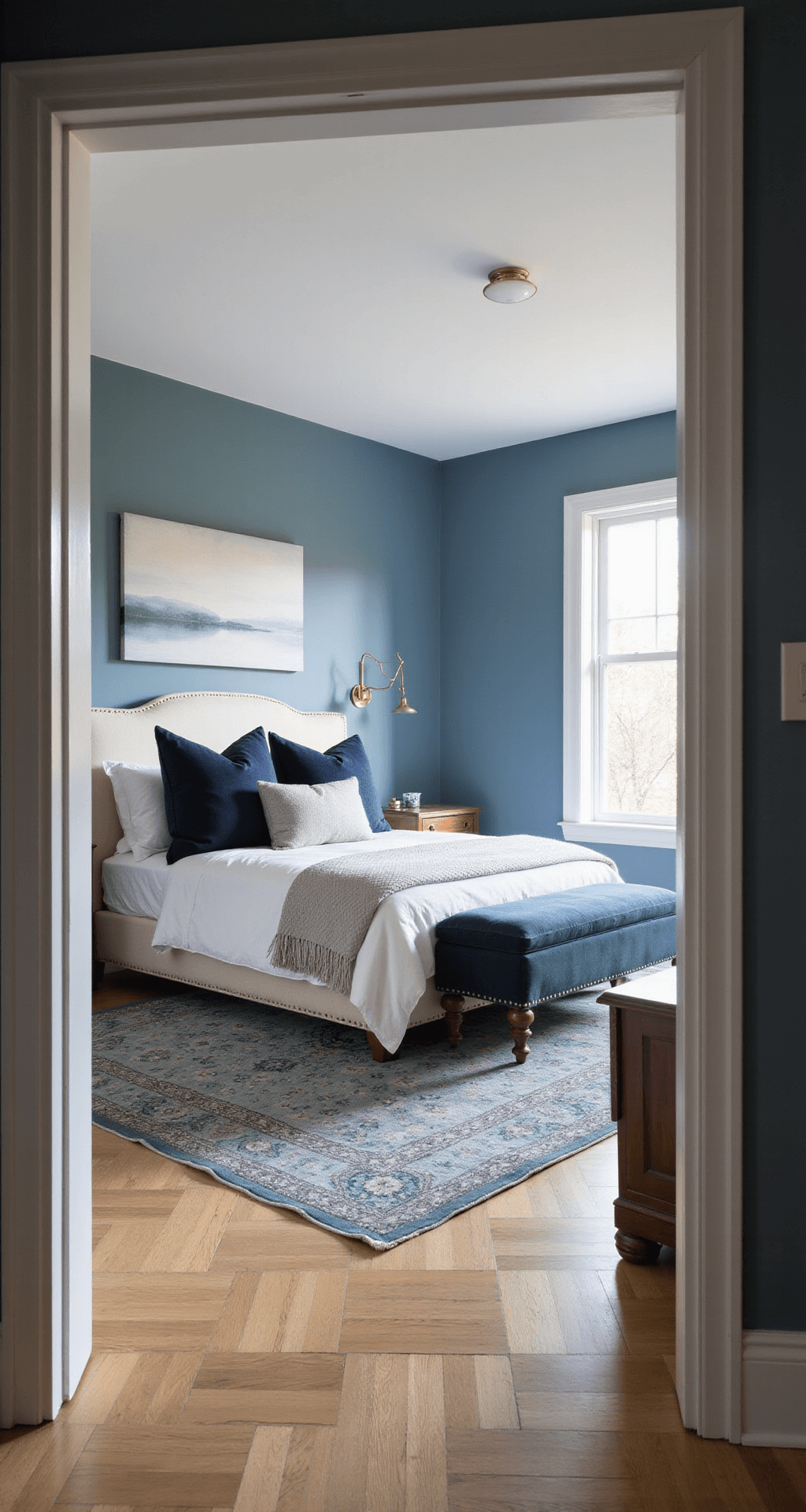 A tranquil master bedroom featuring floor-to-ceiling windows, 'Clear Skies' blue walls, a cream linen king-size bed with brass sconces, layered bedding in white and blue-grey, and a vintage Persian rug on pale oak herringbone floors, captured in warm morning light.