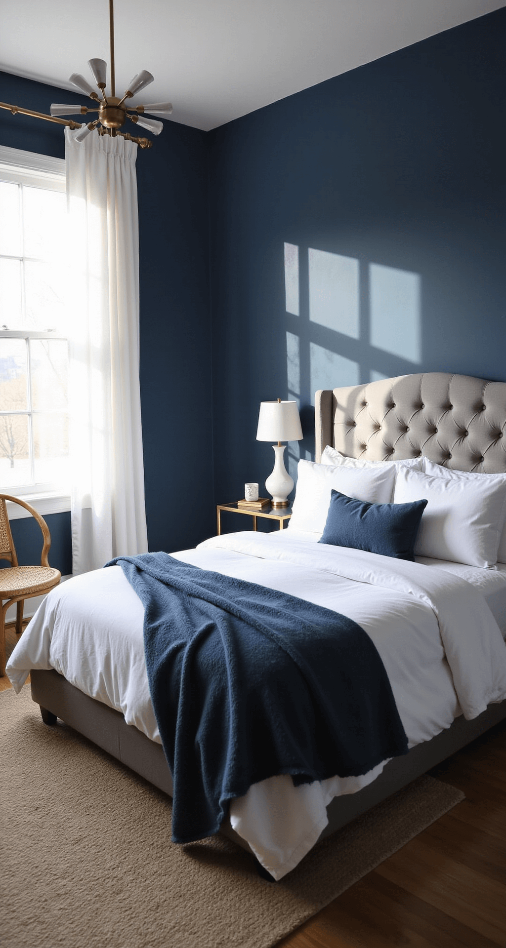 Corner view of a cozy 12x14ft bedroom with a dramatic navy accent wall, featuring a queen bed with a tufted grey headboard, crisp white linens, and indigo throw blankets, illuminated by late afternoon light streaming through sheer white curtains, with brass side tables and milk glass lamps, alongside a rattan accent chair.