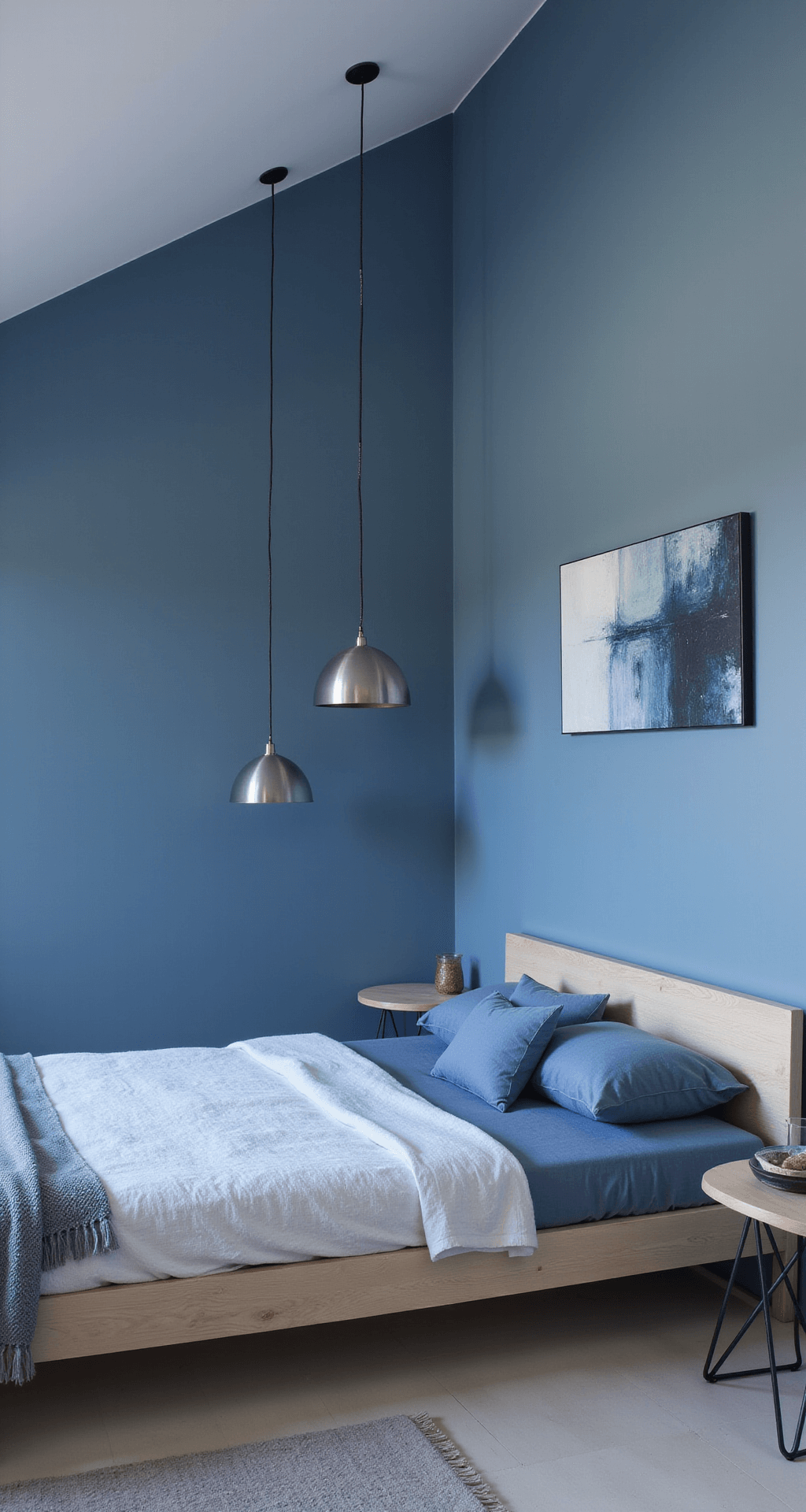 Minimalist blue bedroom at twilight featuring 'Santorini Blue' walls, a white vaulted ceiling, a bleached oak platform bed with stone-washed linen in various blue tones, and abstract art above the bed, enhanced by brushed silver Scandinavian-style pendants, all captured with atmospheric moody lighting.