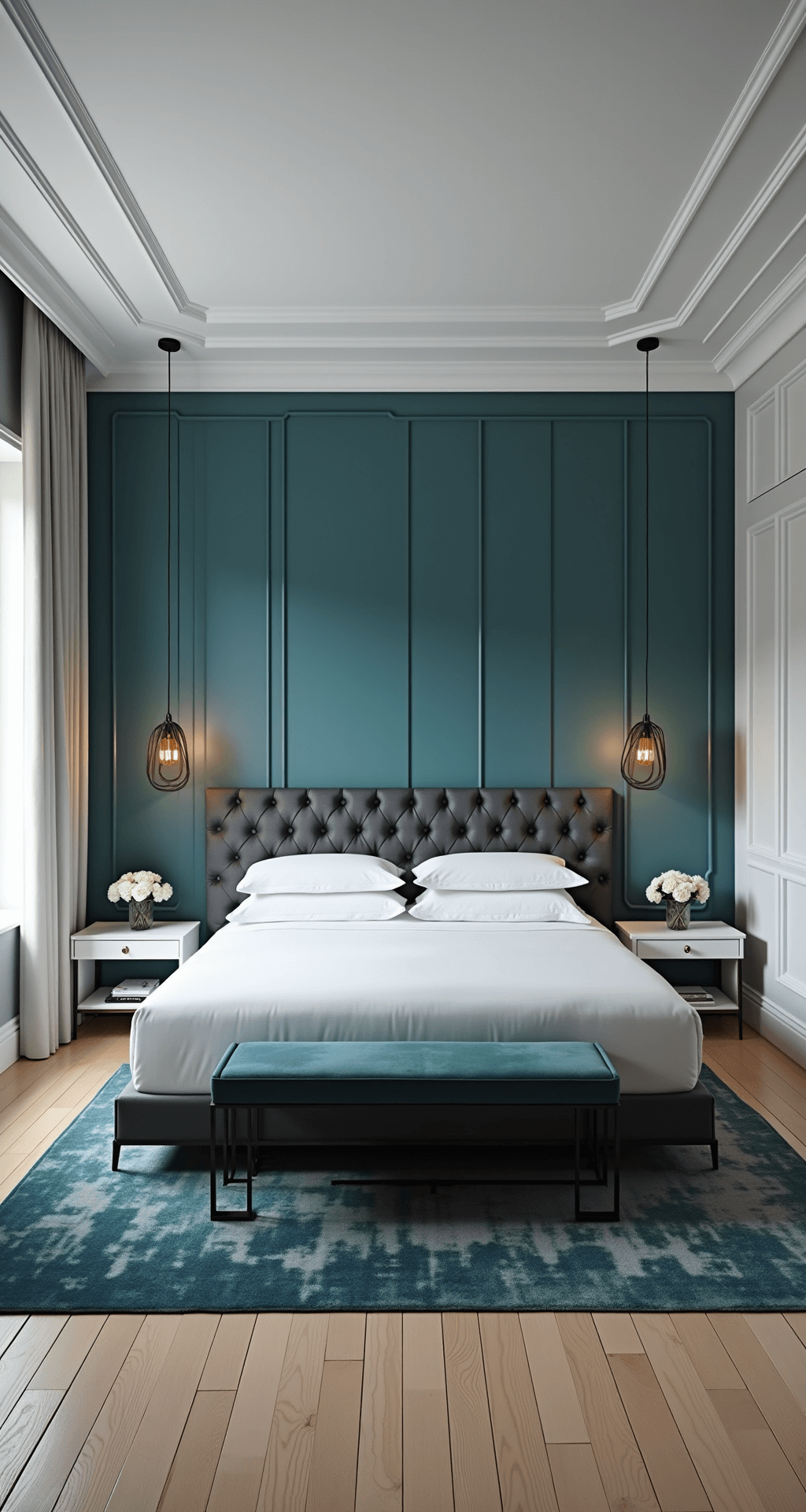 A modern boutique hotel-style bedroom featuring Aegean teal paneled walls and white trim, with a king bed and charcoal velvet headboard, white oak nightstands, smoked glass pendant lights, and a geometric area rug in blues and greys, all illuminated by diffused natural light.