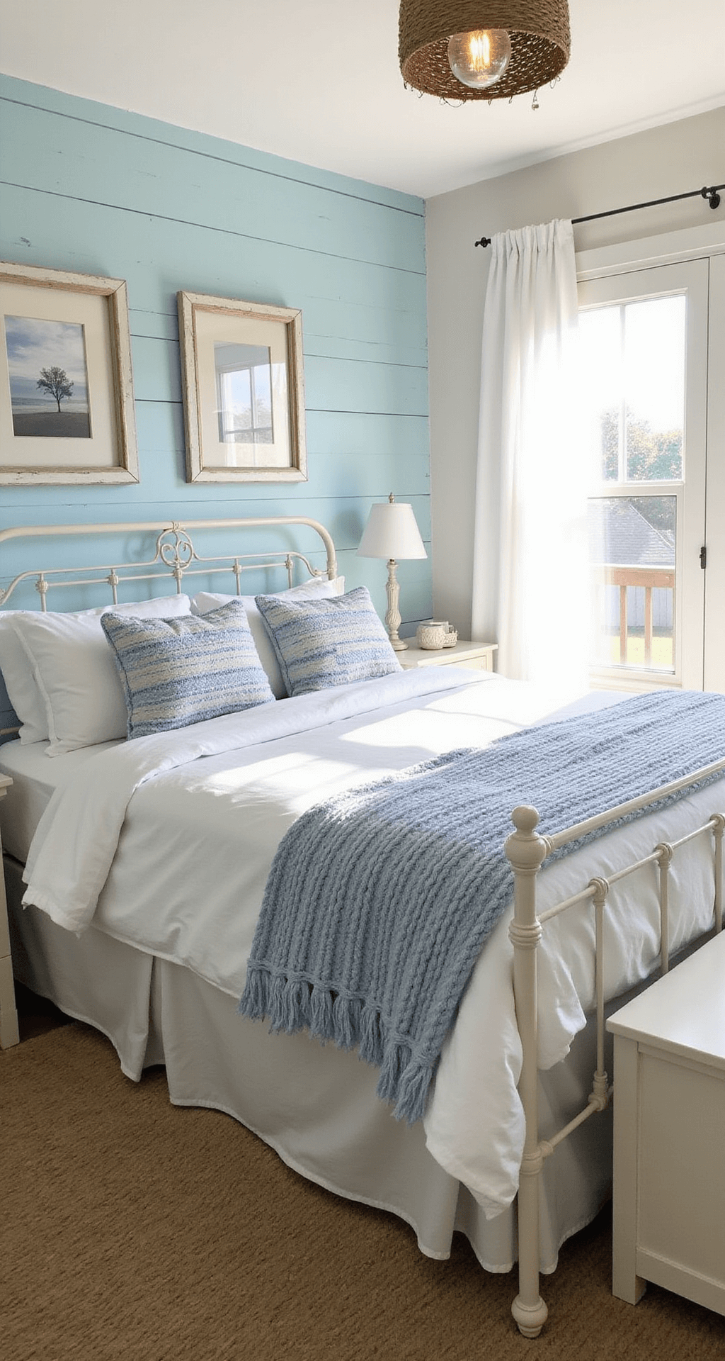 A coastal-inspired bedroom retreat with soft powder blue shiplap walls, featuring a queen bed in a white iron frame dressed in striped linens and cable-knit throws, complemented by a whitewashed dresser and jute rug, all illuminated by morning light filtering through gauzy curtains.