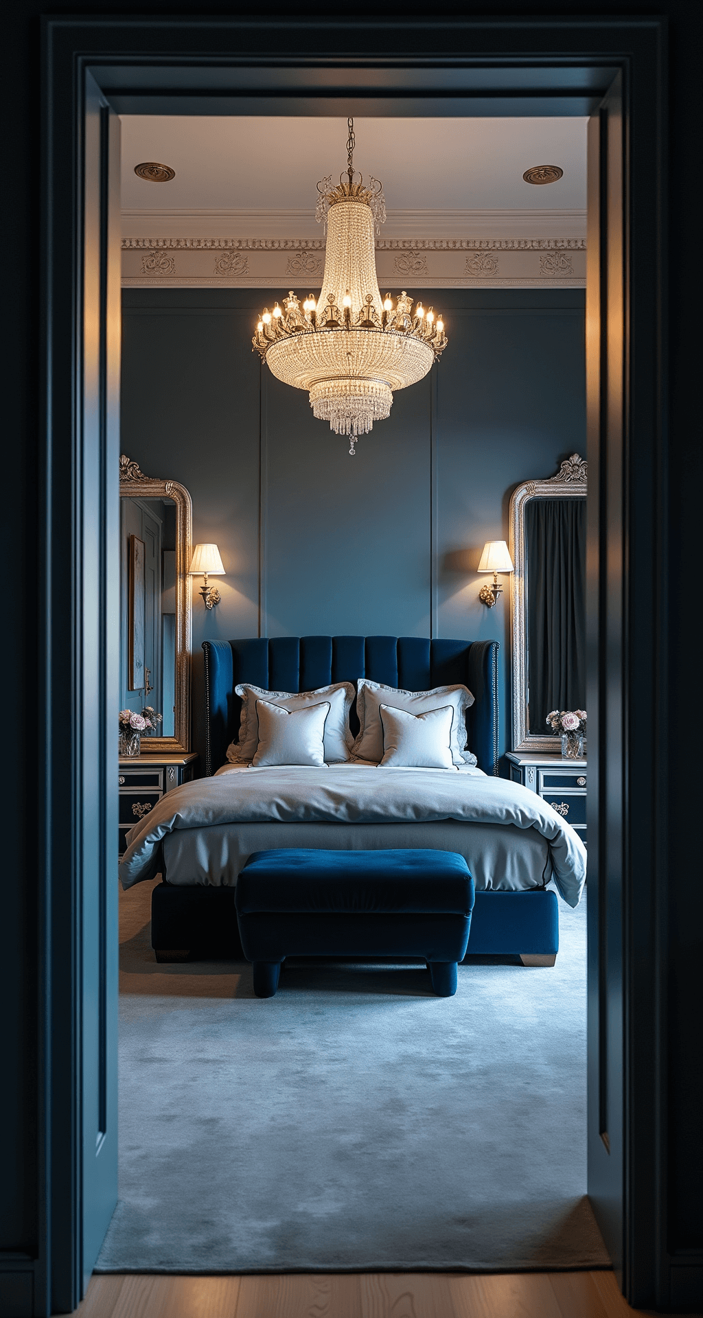 Luxe art deco bedroom featuring deep slate blue walls with silver leaf crown molding, an oversized midnight velvet wingback bed, and a crystal chandelier, shot from the doorway with tilt-shift lens to emphasize architectural details and dramatic uplighting, complemented by mirrored nightstands, silk drapery, and a plush silvery-blue carpet.