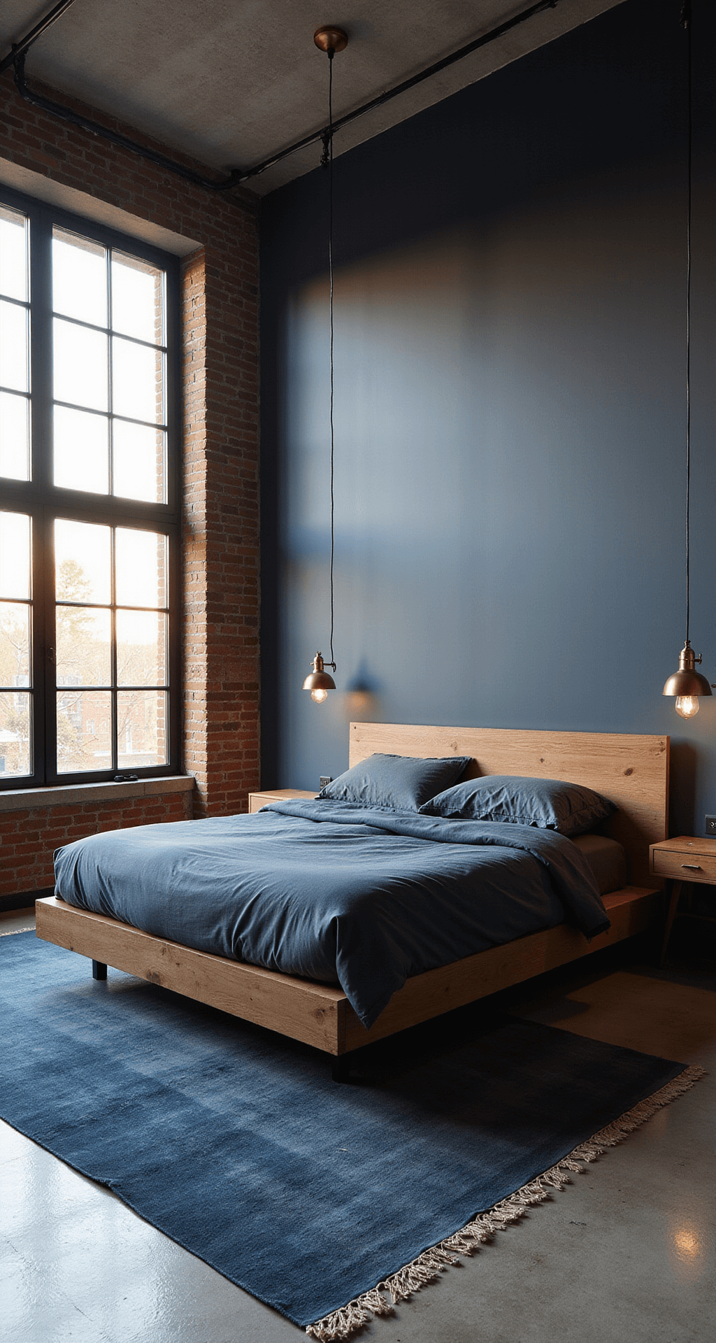 A contemporary loft bedroom featuring industrial elements such as exposed navy-painted brick walls, polished concrete floors, and black steel windows. The room includes a natural walnut platform bed with indigo and grey bedding, brass pendant lights, and a vintage overdyed rug in deep blues. The image captures a wide shot from an elevated position with golden hour light streaming through the windows.