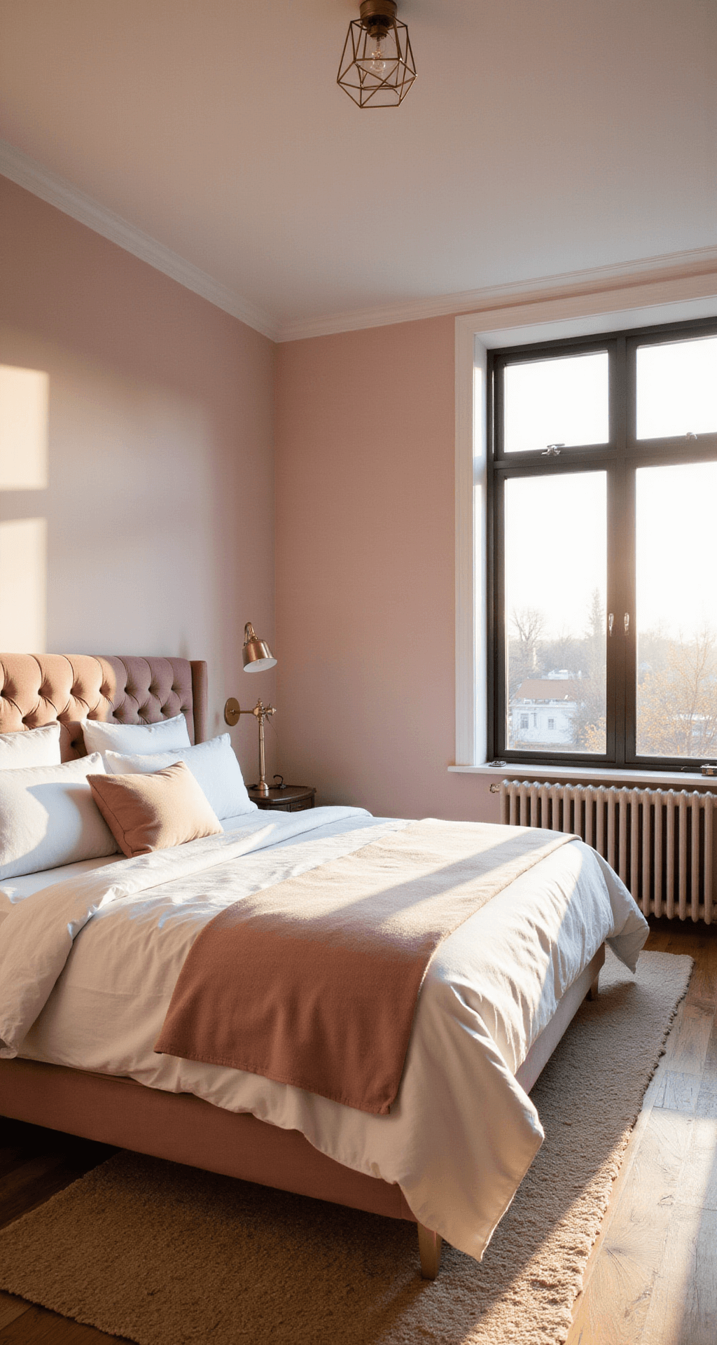 A bright, spacious bedroom featuring floor-to-ceiling windows, painted in 'First Light' pink with a king-size tufted dusty rose bed, brass geometric pendant lights, herringbone hardwood floors, and a cream Moroccan rug, captured in warm morning light.