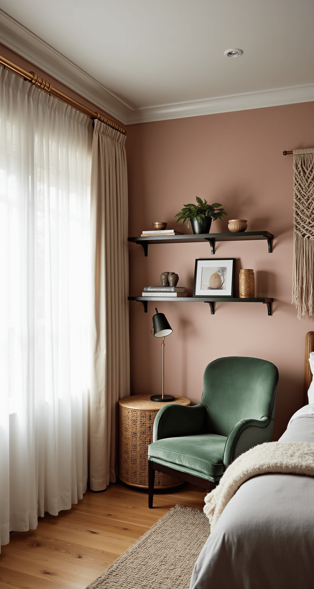 An intimate bedroom corner with a curved reading nook, featuring soft afternoon sunlight, pink walls, a sage green velvet chair, brass shelves with ceramics and books, a macramé wall hanging, and a rattan side table, captured with shallow depth of field.