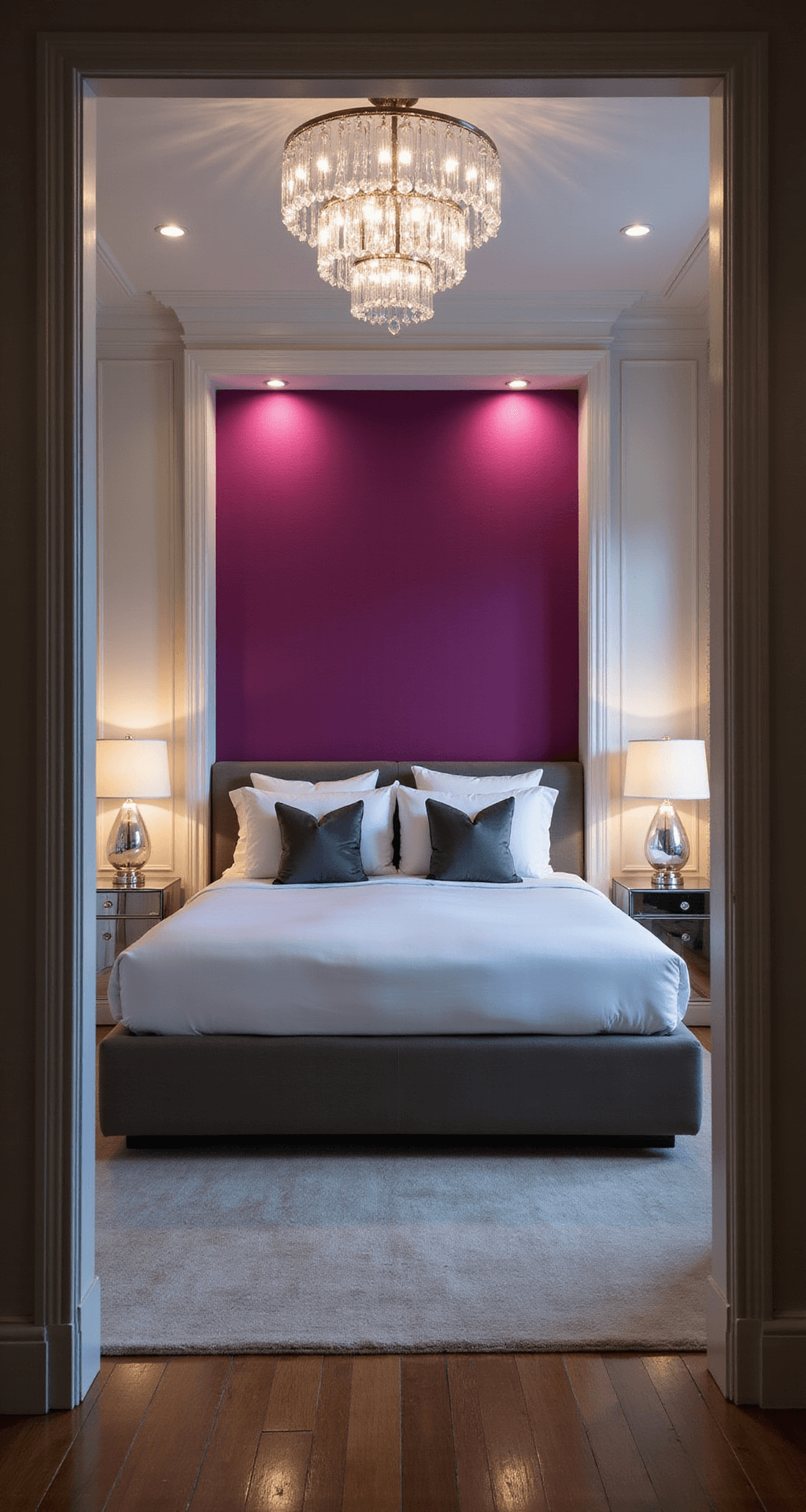A dramatic master bedroom suite at dusk featuring a fuchsia accent wall, modern platform bed with crisp white linens and charcoal grey velvet pillows, a crystal chandelier casting patterns on pearl-toned walls, mirrored nightstands with mercury glass lamps, and a moody atmosphere enhanced by dimmed LED strips behind the headboard.