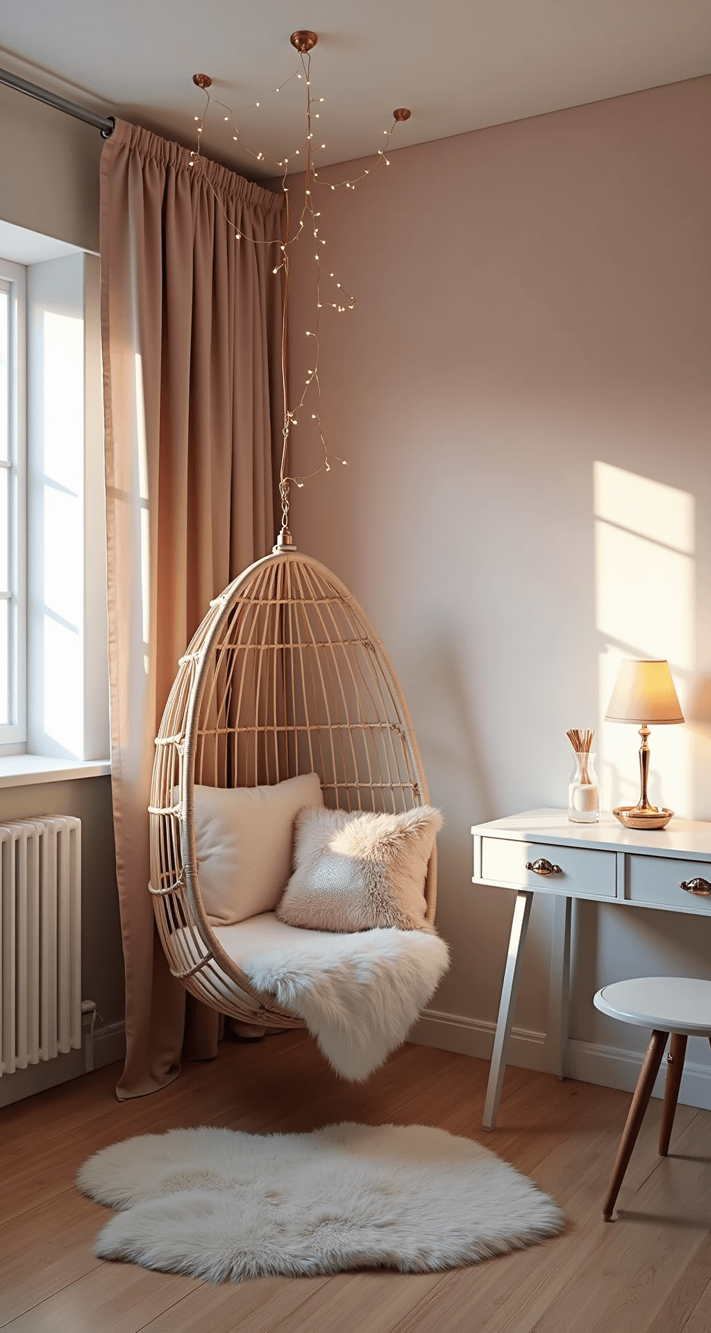A cozy teen bedroom with ombré blush and white walls, featuring a rattan hanging chair with faux fur throws and metallic pillows. String lights create a canopy overhead, and a white wooden desk with rose gold accessories complements the playful design. The scene is illuminated by natural morning light mixed with warm artificial lighting, captured from a high corner angle.