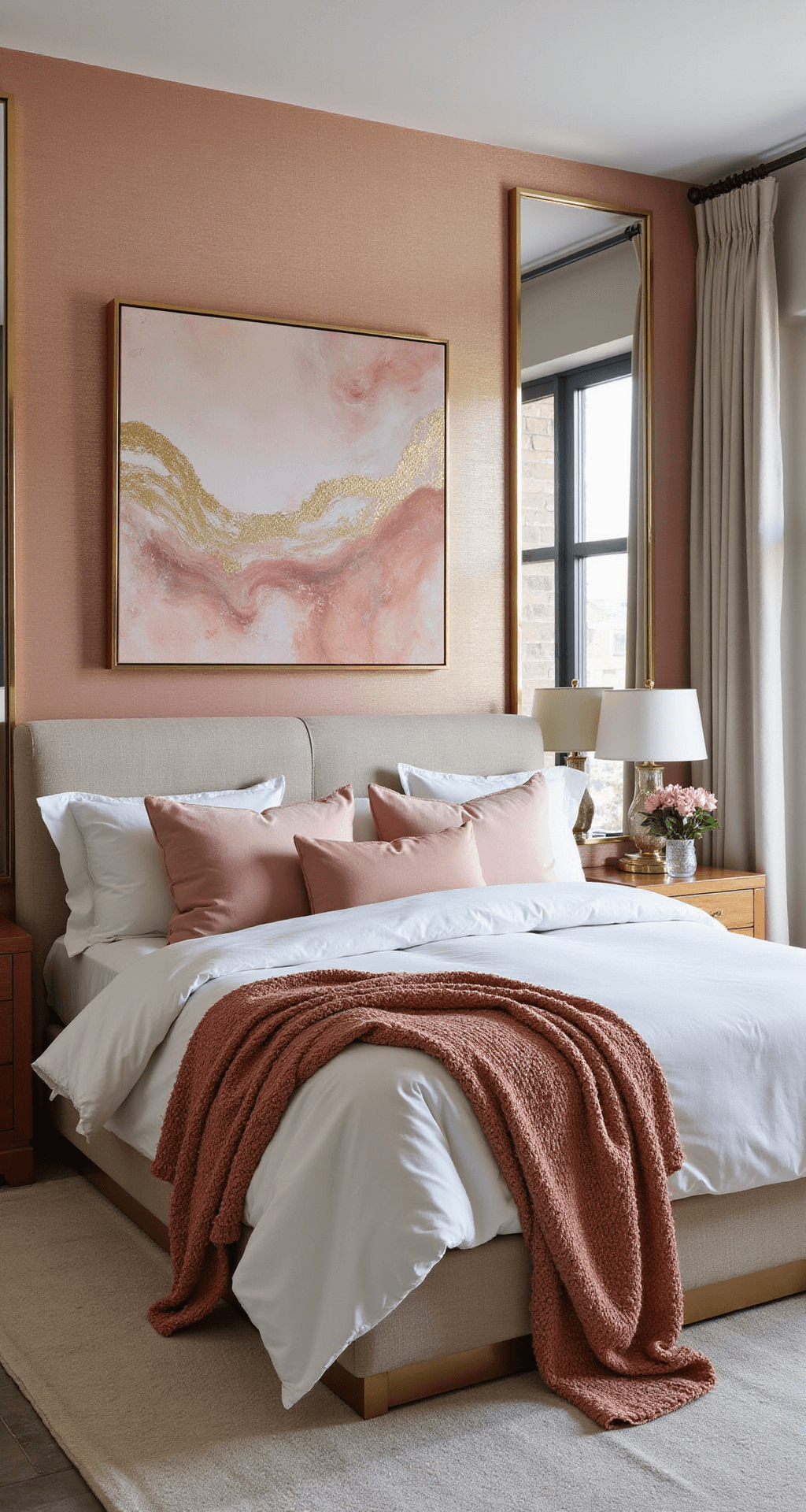 Contemporary primary bedroom at sunrise featuring metallic rose quartz wallpaper, a king bed with pink velvet and white linen bedding, oversized abstract art in blush and gold, and lucite and brass accents, all illuminated by morning light reflecting off floor-to-ceiling mirrors.
