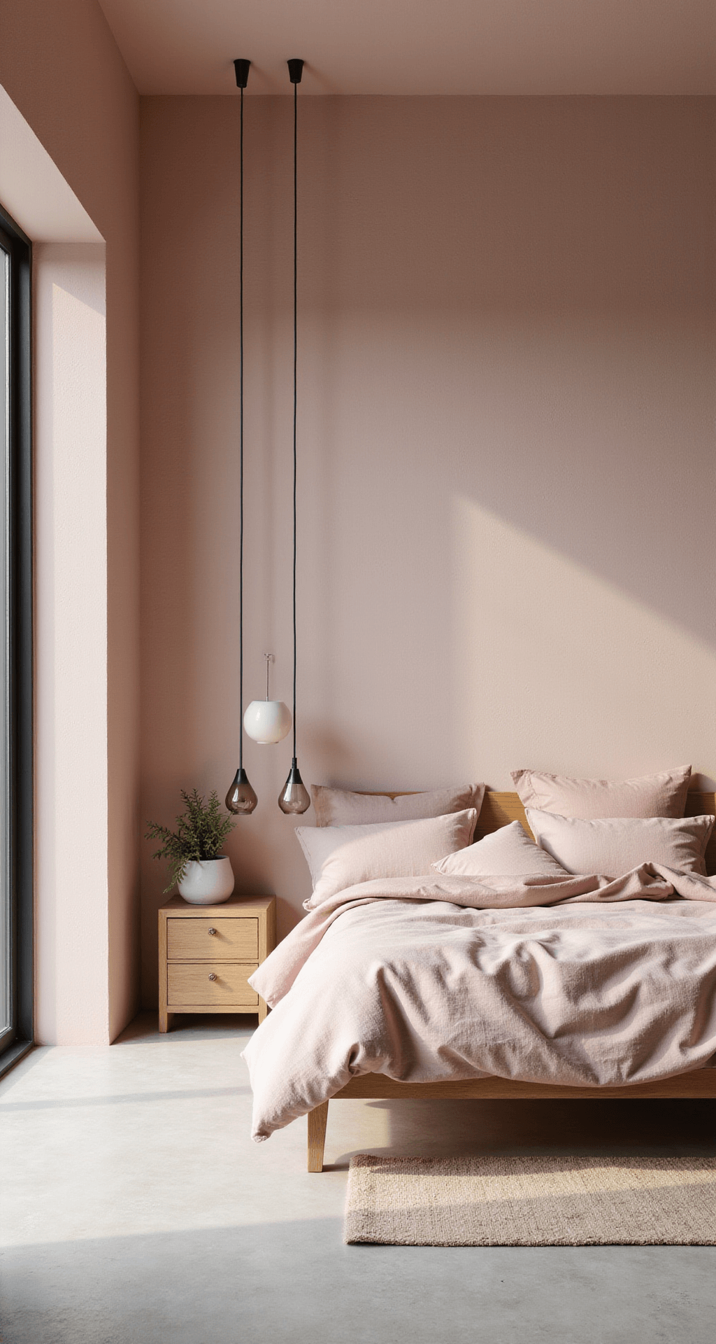 A minimalist guest bedroom featuring pale pink lime-washed walls, a platform bed dressed in varying shades of pink linen bedding, Scandinavian-style wooden furniture, and ceramic pendant lights, all bathed in warm afternoon light.