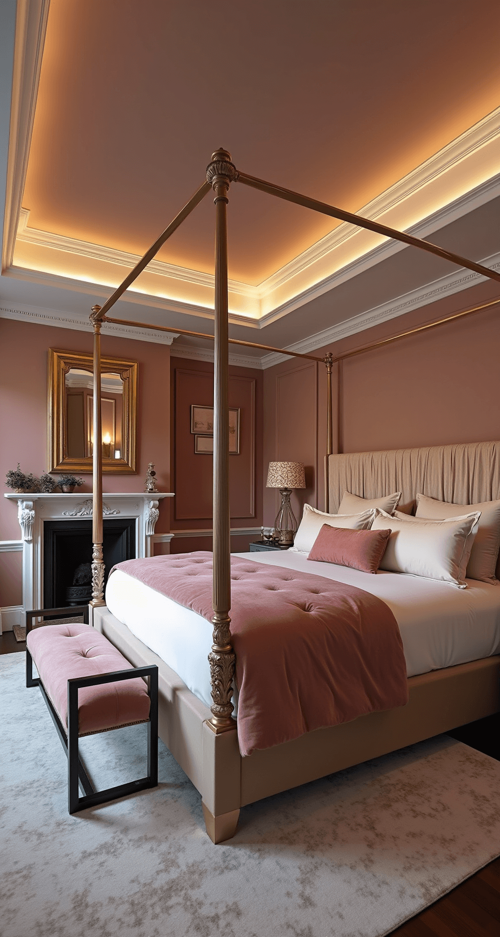 Luxurious master suite at twilight featuring a tray ceiling with hidden LED lighting, deep rose pink walls, a four-poster bed in champagne silk and pink velvet, crystal and brass fixtures, and a marble fireplace, captured from an elevated angle to highlight its grandeur and dramatic lighting.