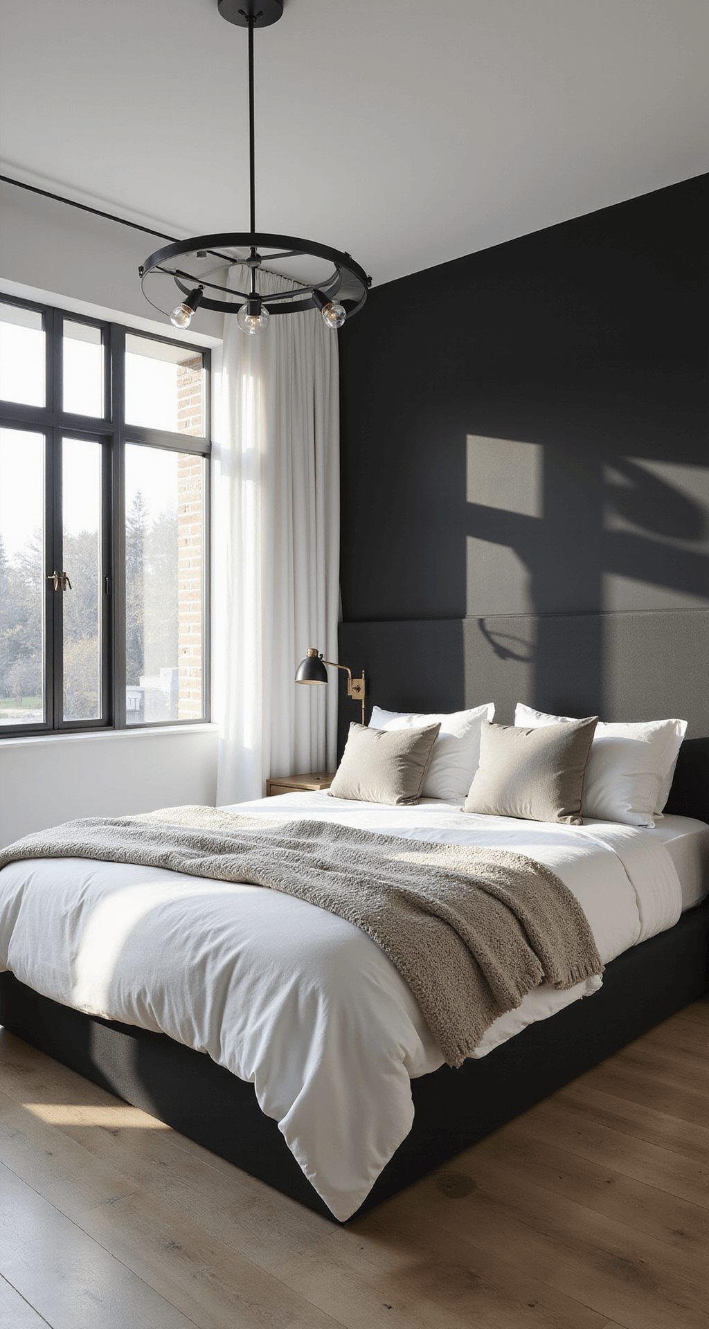 A spacious modern bedroom featuring a king-size platform bed with layered white bedding, a matte black accent wall, and floor-to-ceiling windows. Natural morning light streams in, highlighting the sleek black chandelier and bronze sconces, with pale oak flooring adding warmth.
