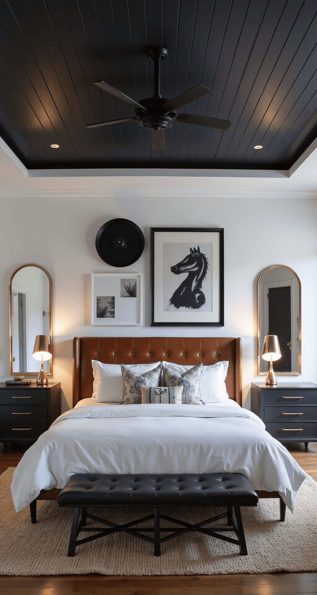 A contemporary bedroom with a black shiplap ceiling and white walls, featuring a modern leather headboard, mixed metal accents, black and white geometric artwork, large mirrors, and sculptural table lamps, all illuminated by cool evening light and warm artificial lighting, captured from an elevated angle.