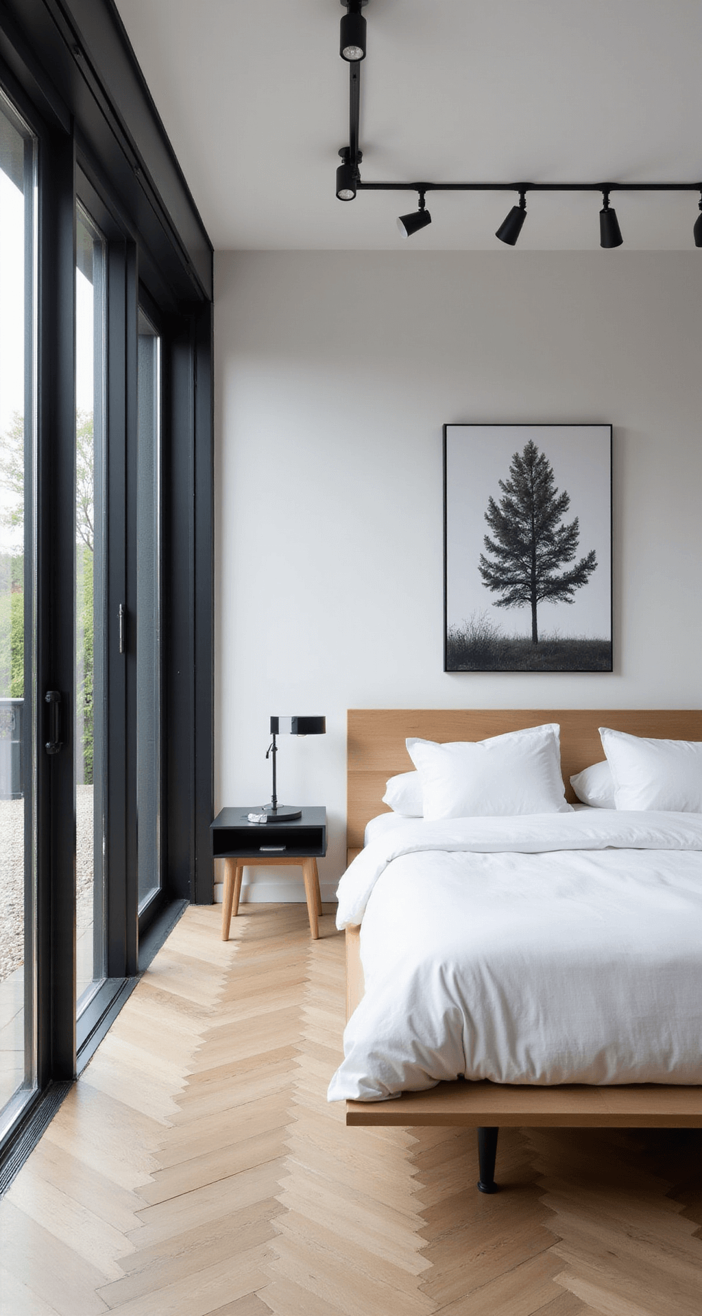 A sophisticated primary bedroom featuring floor-to-ceiling black steel-framed windows, white oak herringbone floors, a floating platform bed with white linen and silk bedding, minimalist black track lighting, and a large monochrome abstract canvas, all illuminated by natural morning light.