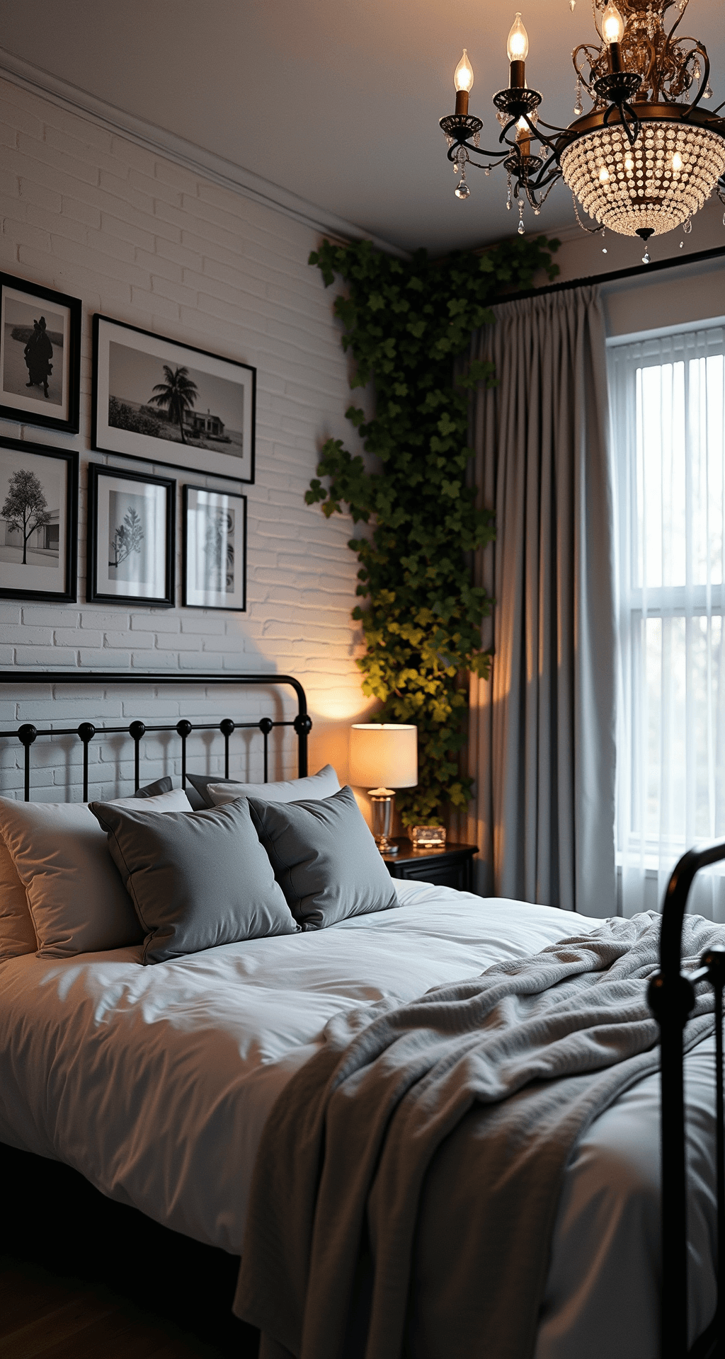 A twilight bedroom with a white brick accent wall adorned with climbing ivy, featuring a black iron bed frame with fluffy cloud-like bedding and gray pillows. A curated gallery wall of vintage black and white photography complements the space, while a crystal chandelier casts delicate shadows, enhancing the moody atmosphere in a low-angle perspective that emphasizes the room's vertical space.