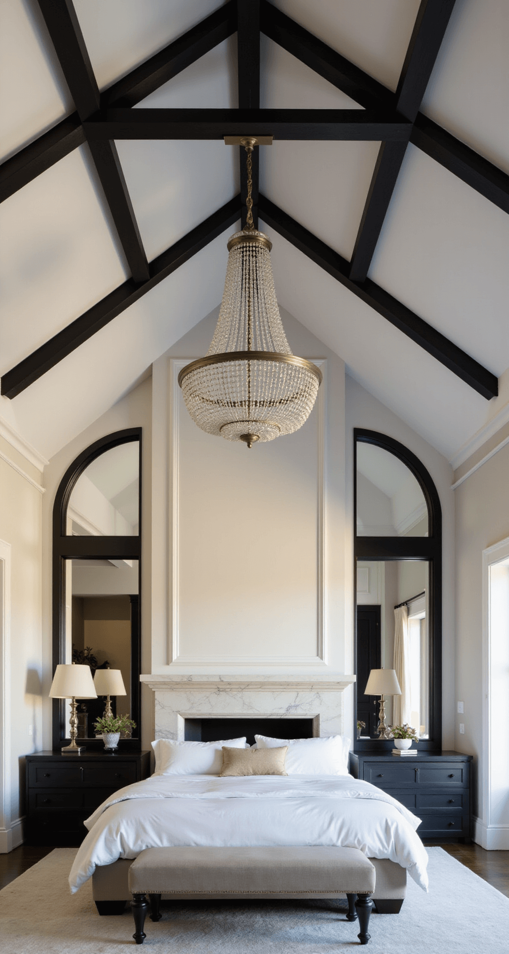 A luxurious 18x22ft bedroom at sunset featuring white vaulted ceilings with black beams, oversized black arched mirrors, a bed with white linens, a dramatic chandelier, and a marble fireplace, all bathed in warm golden hour light.