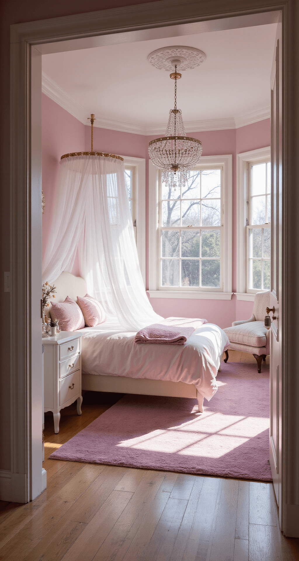 A whimsical pastel princess bedroom featuring blush pink walls, a canopied bed draped in tulle, and pearl-white furniture illuminated by sunlight and a crystal chandelier, with layered pink and lavender rugs on light oak flooring, and a vintage vanity adorned with perfume bottles and fairy lights, captured from the doorway at a 45-degree angle.