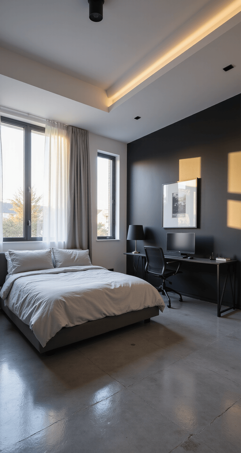 A modern minimalist teen sanctuary featuring crisp white walls, a geometric black accent wall, a charcoal grey platform bed, and black floating nightstands. The space is highlighted by floor-to-ceiling windows with sheer white curtains, concrete-look flooring, and a sleek gaming setup at a black metal desk. Monochromatic art prints are displayed in thin frames, while dramatic shadows from the setting sun and LED strip lighting create a cool, sophisticated atmosphere. The image captures a low angle view from a corner, emphasizing clean lines and negative space.