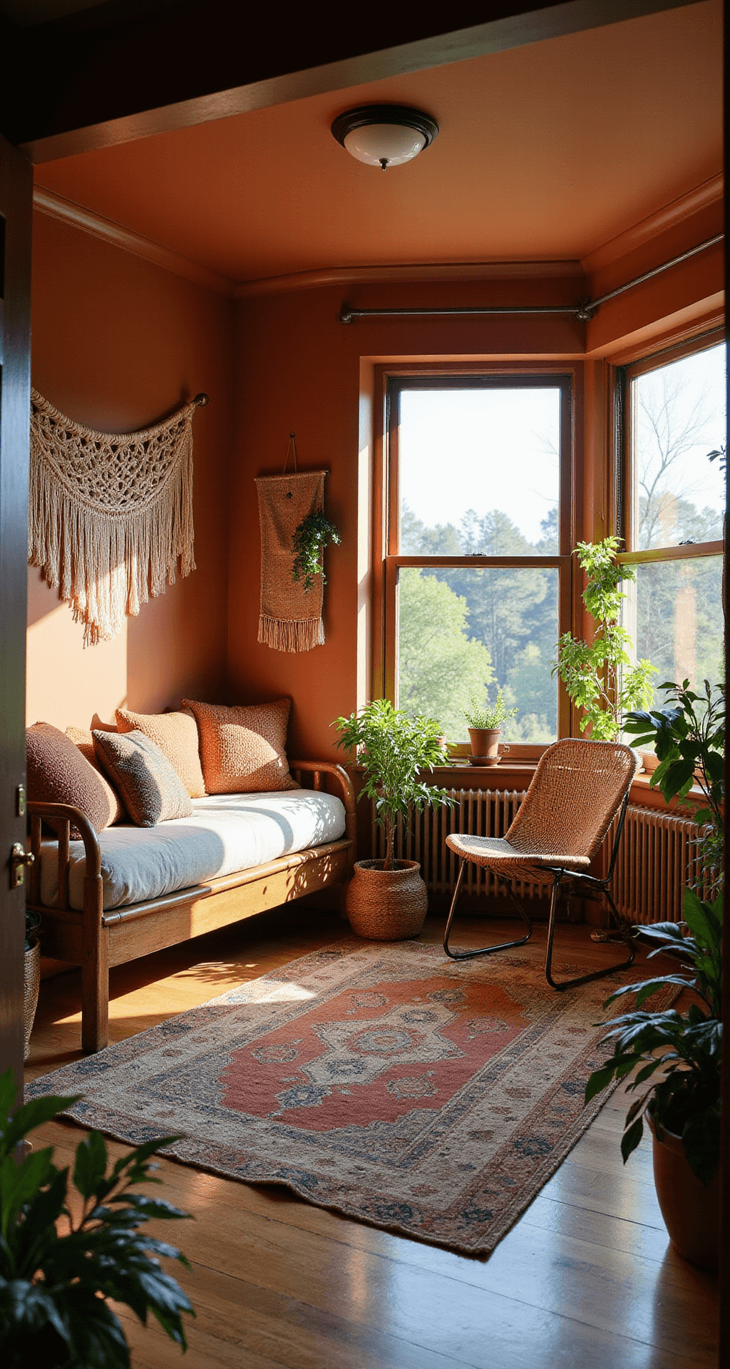 A cozy Bohemian retreat featuring warm terracotta walls with macramé hangings, a low-profile rattan bed adorned with textured earth-toned pillows, a hanging chair by a bay window surrounded by trailing plants, and a vintage Persian rug layered over sisal, all illuminated by natural light and amber accent lighting, creating an inviting atmosphere.