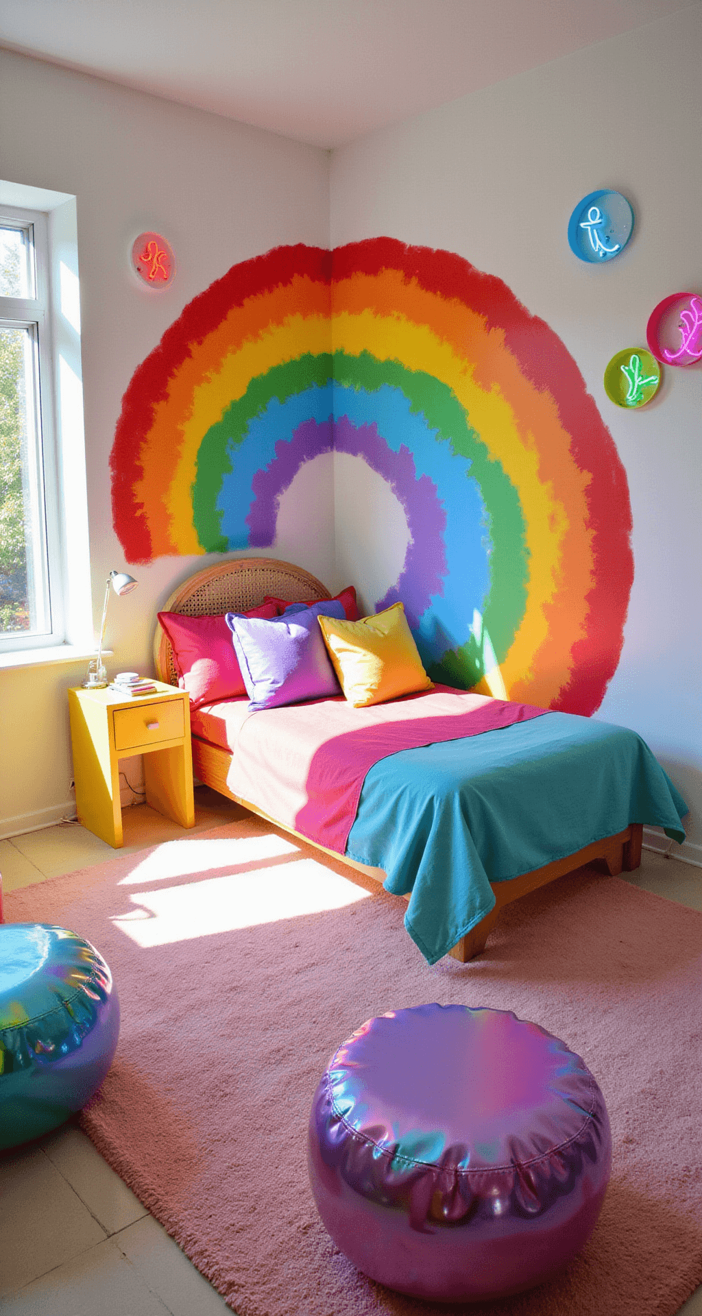 A vibrant bedroom featuring a large rainbow mural on white walls, a platform bed with primary color-blocked bedding, neon signs, and colorful LED strips. The space includes acrylic furniture, holographic accents, and metallic poufs, all illuminated by bright natural light, creating an energetic and playful atmosphere.