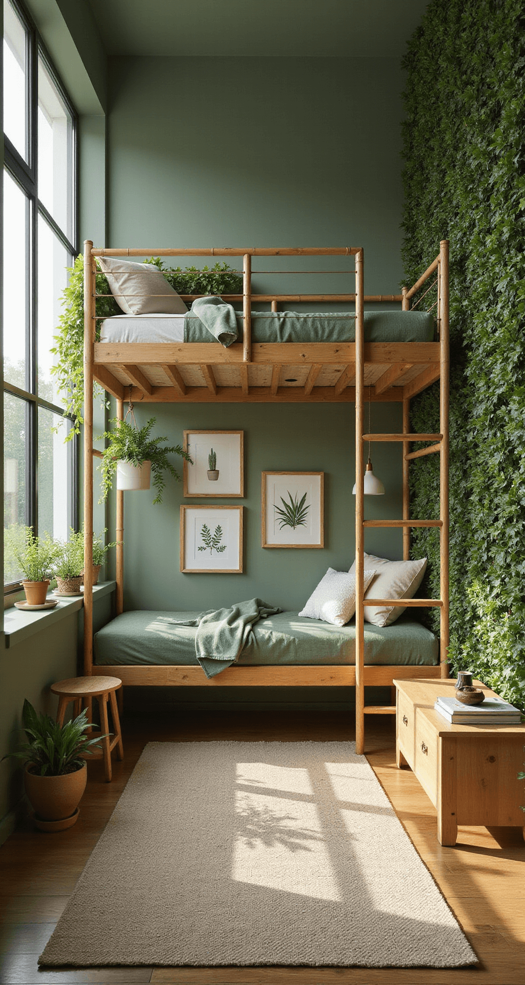A serene teen room featuring sage green walls and a living wall, with sustainable bamboo furniture, a lofted bed, and a study nook below. The space is decorated with botanical prints, terrariums, and hanging plants, illuminated by soft morning light streaming through greenery, creating a tranquil atmosphere with natural fiber rugs and organic cotton textiles.