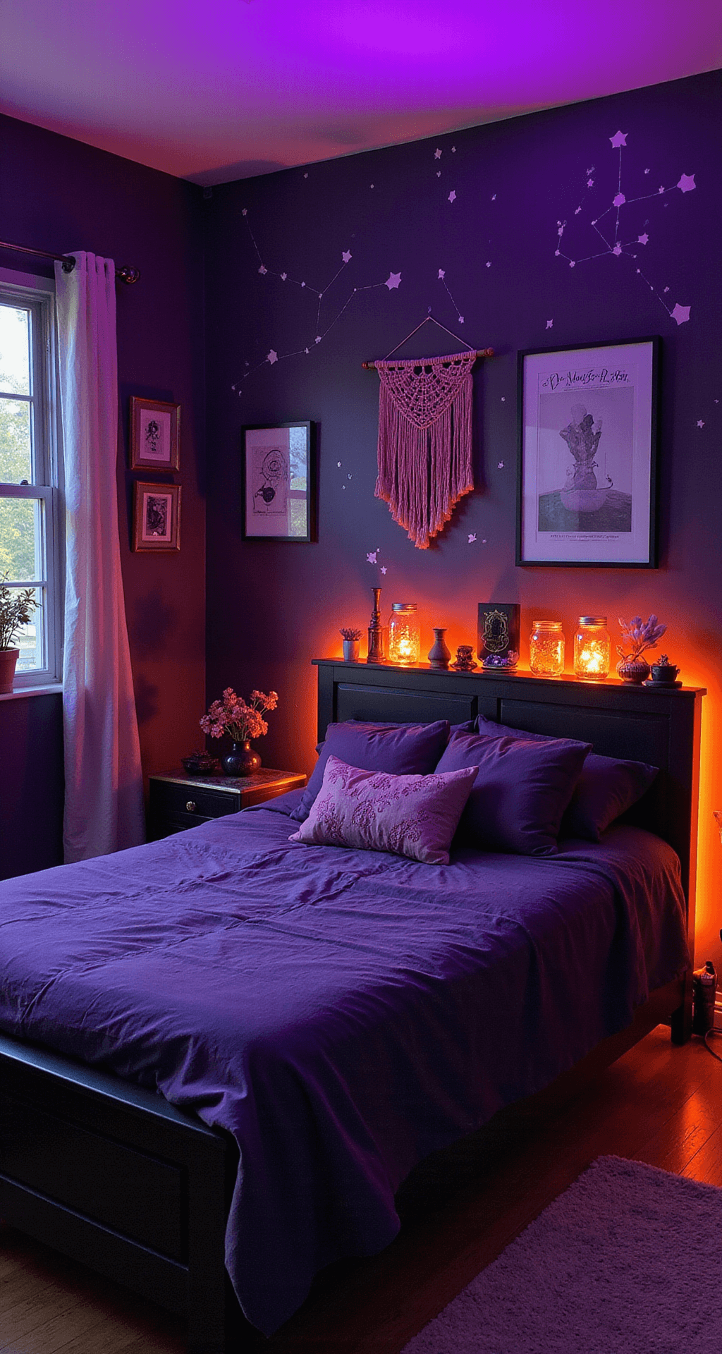 A twilight-themed Halloween bedroom featuring deep purple walls adorned with constellation decals, a gothic-style black bed frame, and orange LED strips. The room is decorated with fairy lights in mason jars, vintage posters, crystal collections, and dried flowers, while a spider web macramé wall hanging adds to the atmosphere. The camera captures the scene from an elevated corner angle, showcasing the moody purple and orange lighting that creates a mystical, spooky-cute ambiance.