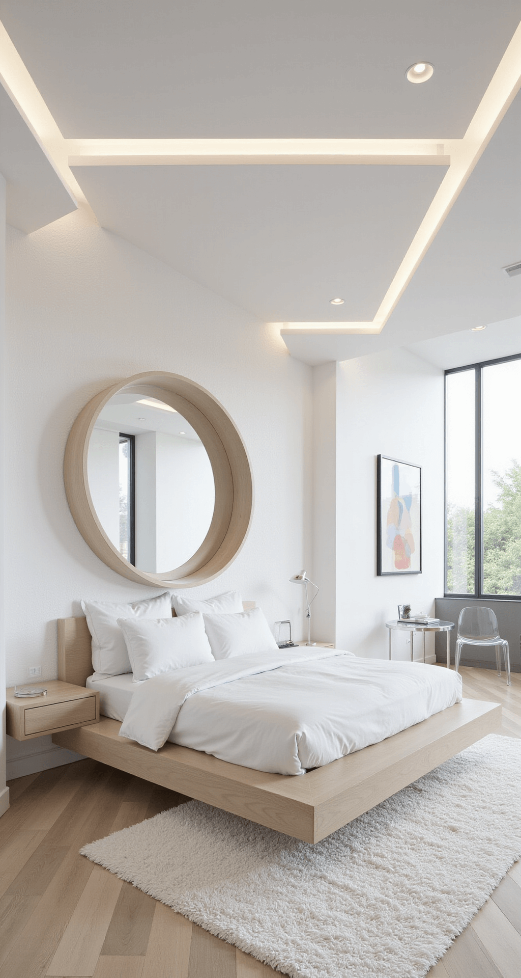 Minimalist bedroom with cloud white walls, a floating light oak platform bed adorned with cloud-like bedding, oversized circular mirror, abstract pastel art, white shag rug on pale wood floors, and Lucite furniture with chrome accents, all bathed in bright natural light and enhanced by white LED strips, creating an airy and ethereal atmosphere.