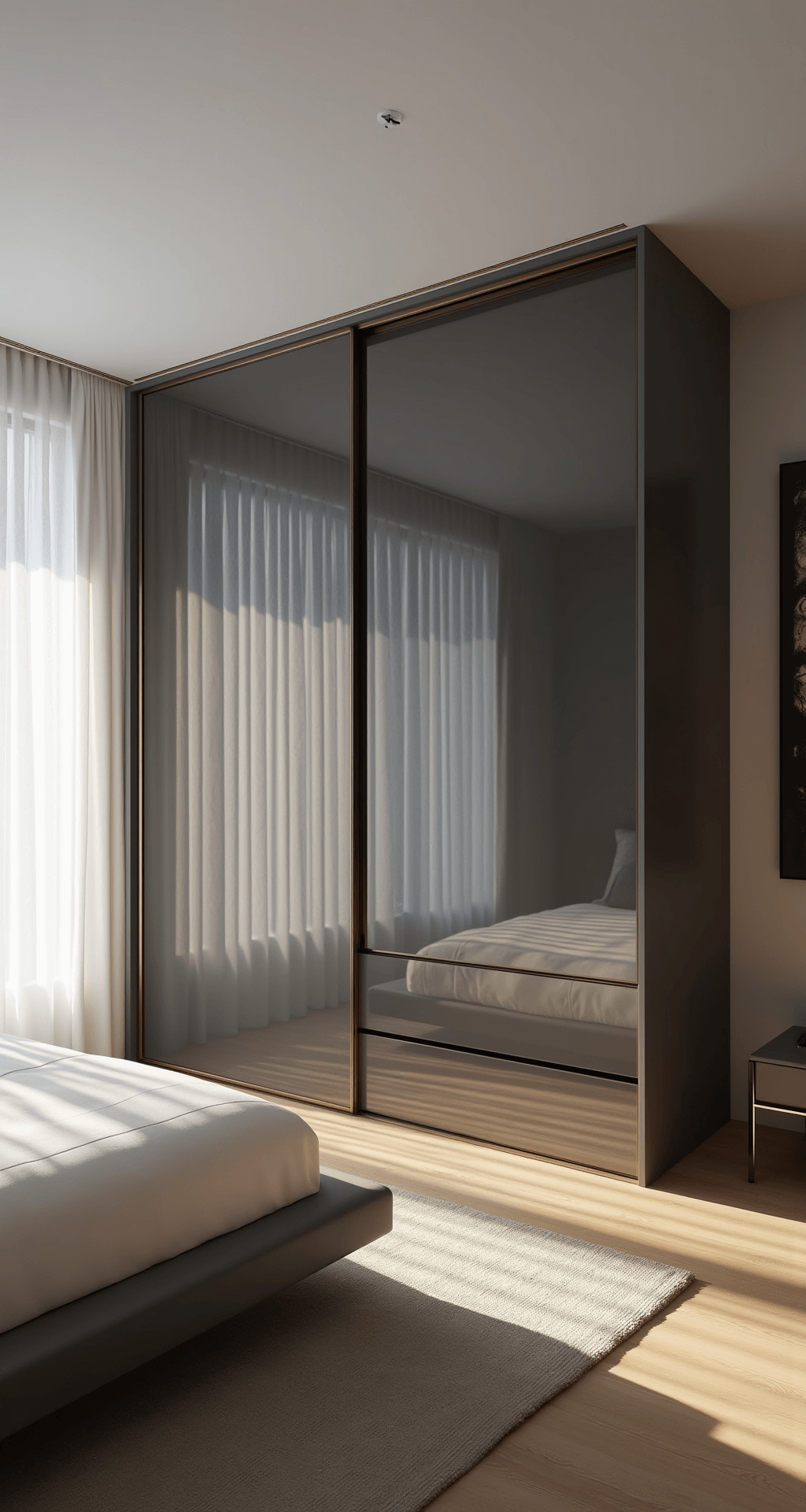 A modern bedroom featuring a 12-foot floor-to-ceiling wardrobe with smoke-gray glass panels, illuminated by warm golden hour sunlight streaming through sheer white curtains. The room includes a king-size platform bed with white linens, minimal decor, and brass hardware accents, all captured from a low angle at bed level.