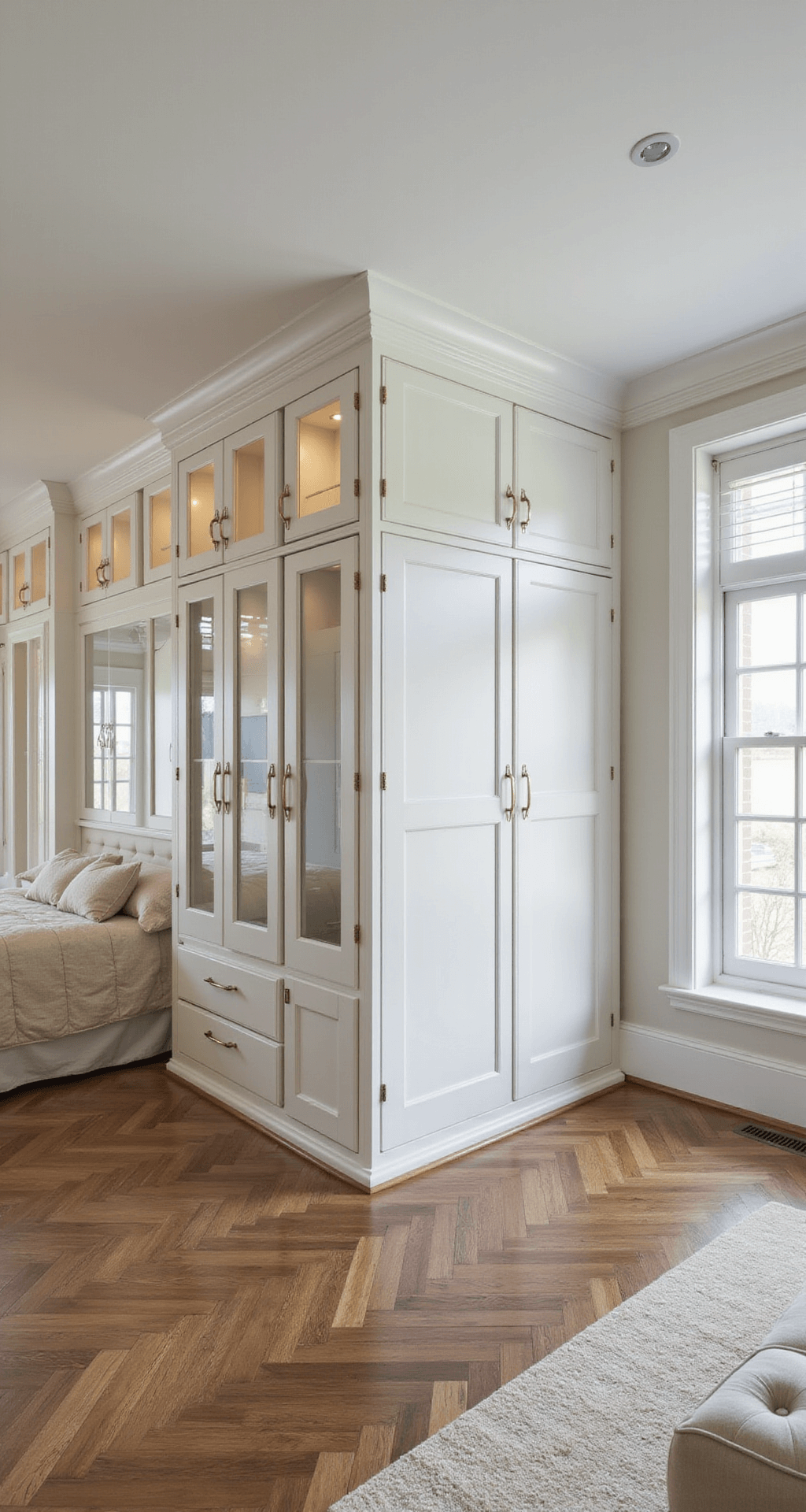 Expansive master bedroom featuring 15-foot high custom matte white built-in wardrobes, morning light streaming through plantation shutters, herringbone hardwood floors, and a plush cream area rug, with a tufted headboard centered between symmetrical wardrobe wings.
