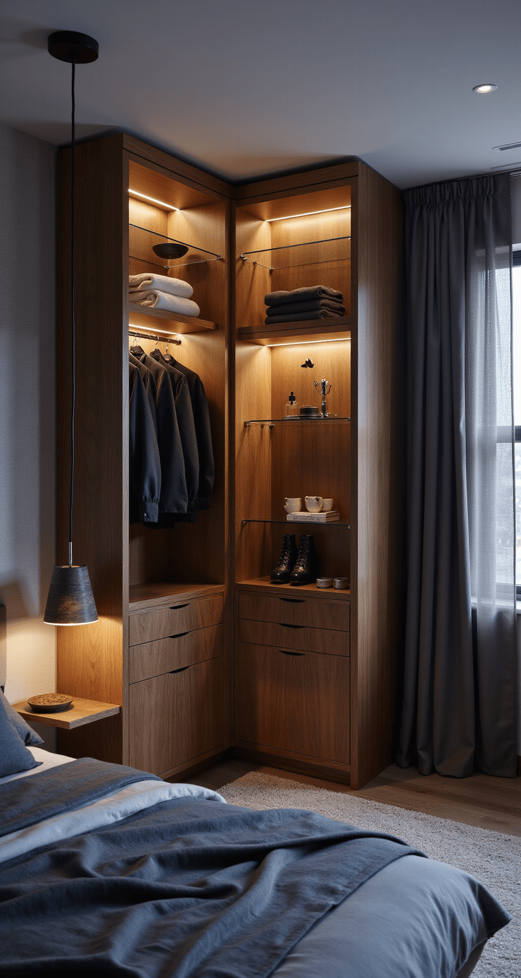 Contemporary L-shaped corner wardrobe in rich walnut veneer with LED strip lighting, photographed at twilight. A geometric pendant light casts shadows over a queen bed dressed in charcoal linens, showcasing the clever corner design and spatial organization.