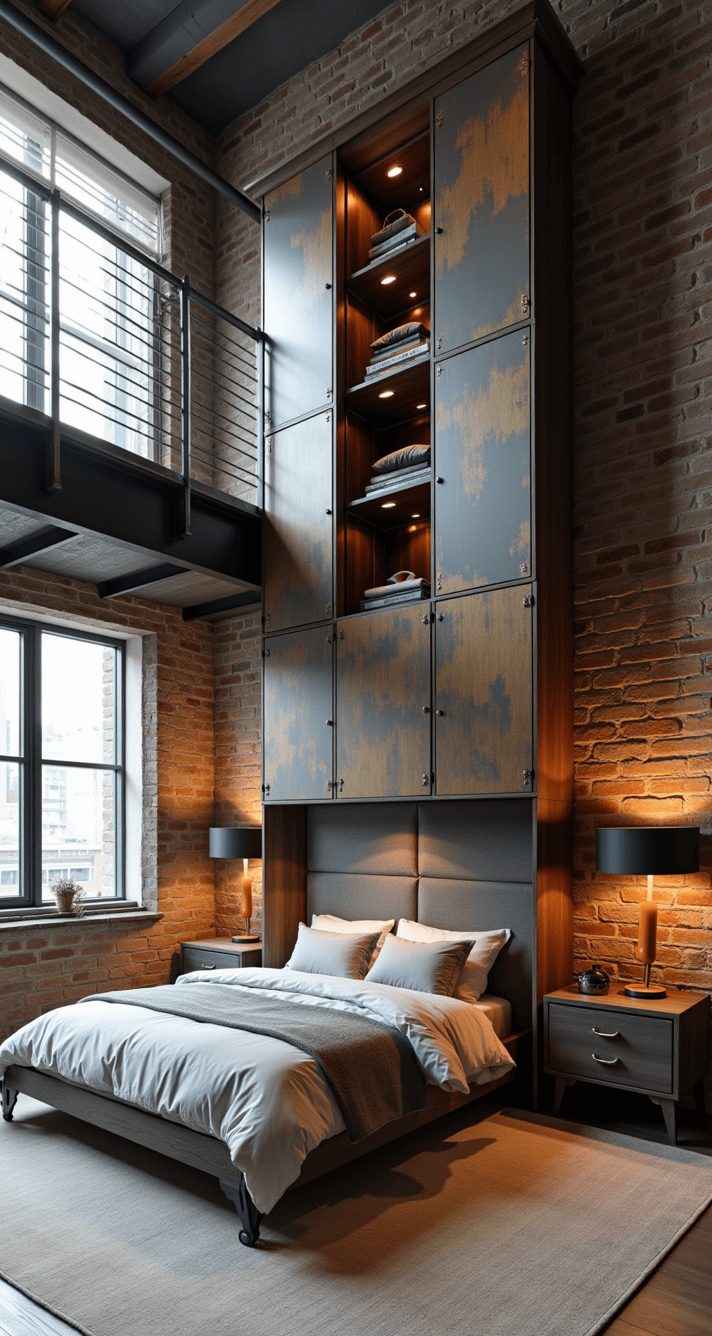 Loft-style bedroom with a double-height cupboard and rolling ladder, featuring industrial-modern design, natural light from warehouse windows, exposed brick, mixed metal finishes, weathered wood textures, and contemporary pendant lights, captured from a mezzanine level.