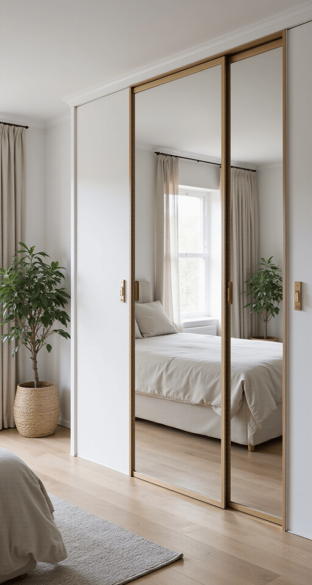 A minimalist Nordic bedroom featuring built-in cupboards with mirrored sliding panels, pale oak flooring, and white walls. Dawn light floods the space, enhancing the ethereal atmosphere, while simple linen bedding and subtle brass details complement the clean lines. Potted plants add an organic touch, and the design maximizes the mirror effect.