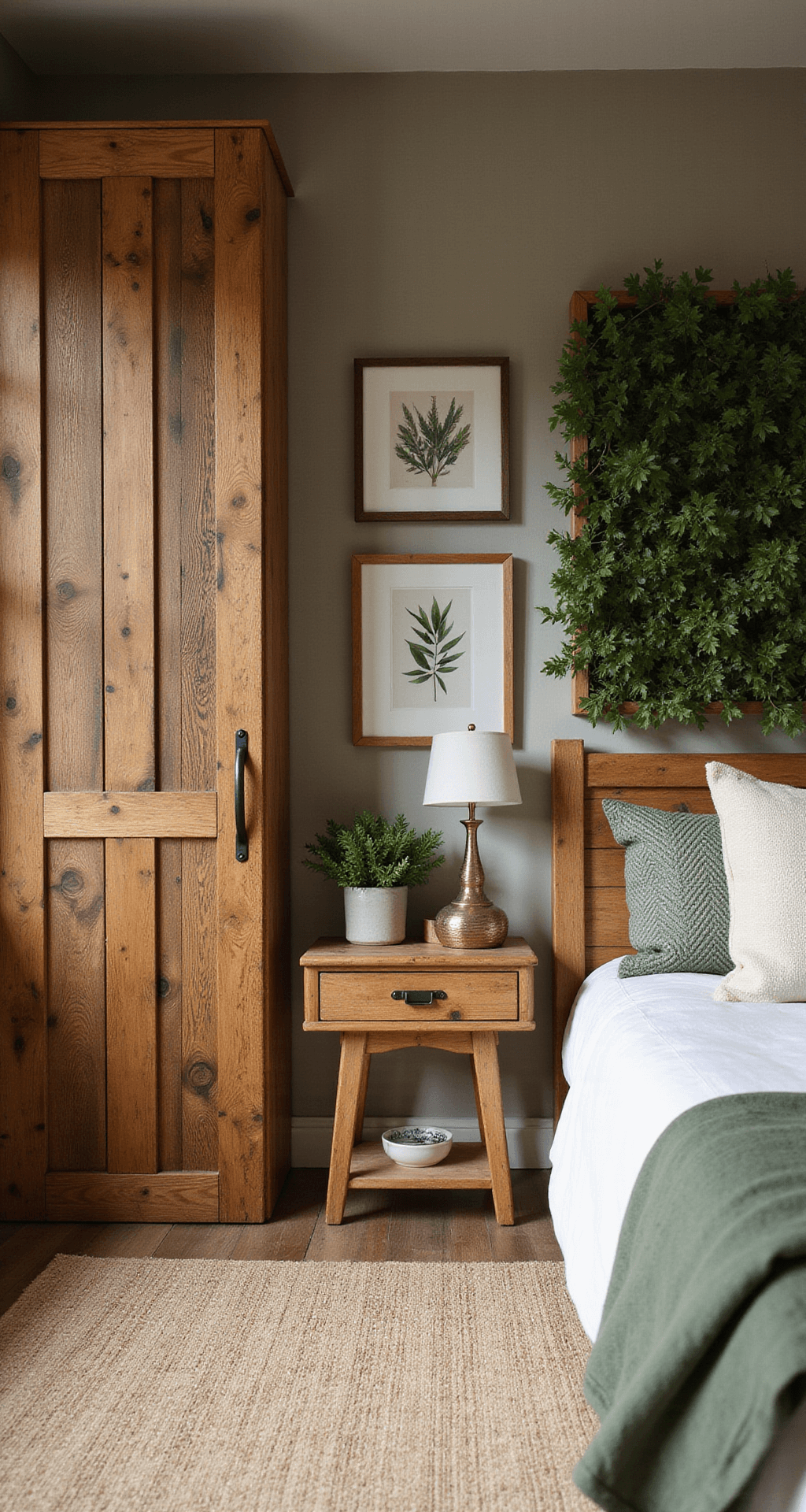 Eco-friendly bedroom featuring reclaimed wood wardrobes, handcrafted barn doors, a living wall, hemp textiles, and a jute rug, all highlighted by afternoon light and accented with earth tones and green details.