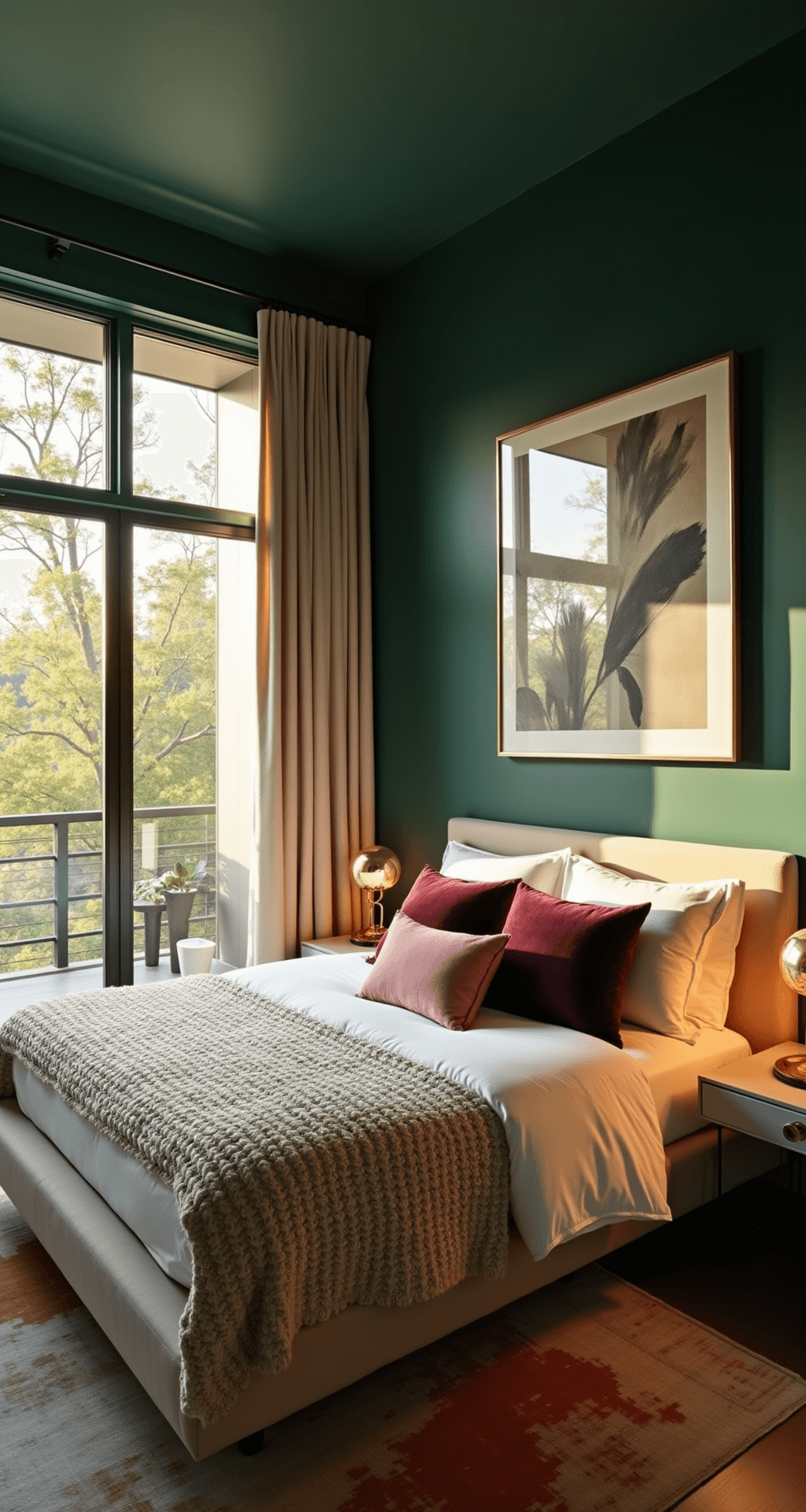 Grown Woman Bedroom Ideas: Creating Your Ultimate Sanctuary of Style and Comfort A spacious modern bedroom featuring rich emerald walls, cream linen bedding, brass accents, and layered textures, illuminated by golden hour light through floor-to-ceiling windows.