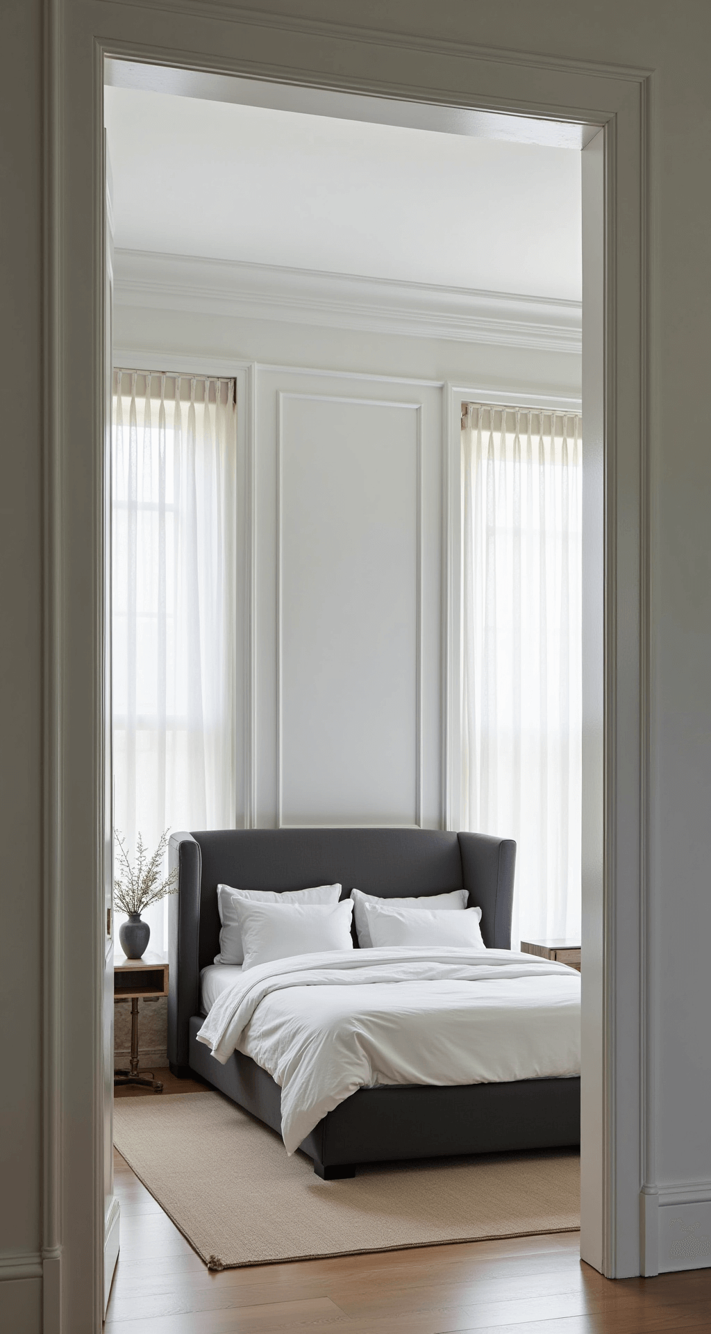 Grown Woman Bedroom Ideas: Creating Your Ultimate Sanctuary of Style and Comfort Minimalist spacious bedroom featuring white crown molding and wainscoting, early morning light through sheer curtains, monochromatic grey decor, upholstered wingback headboard, marble side tables, ceramic vase, and black and white photography in a peaceful atmosphere.