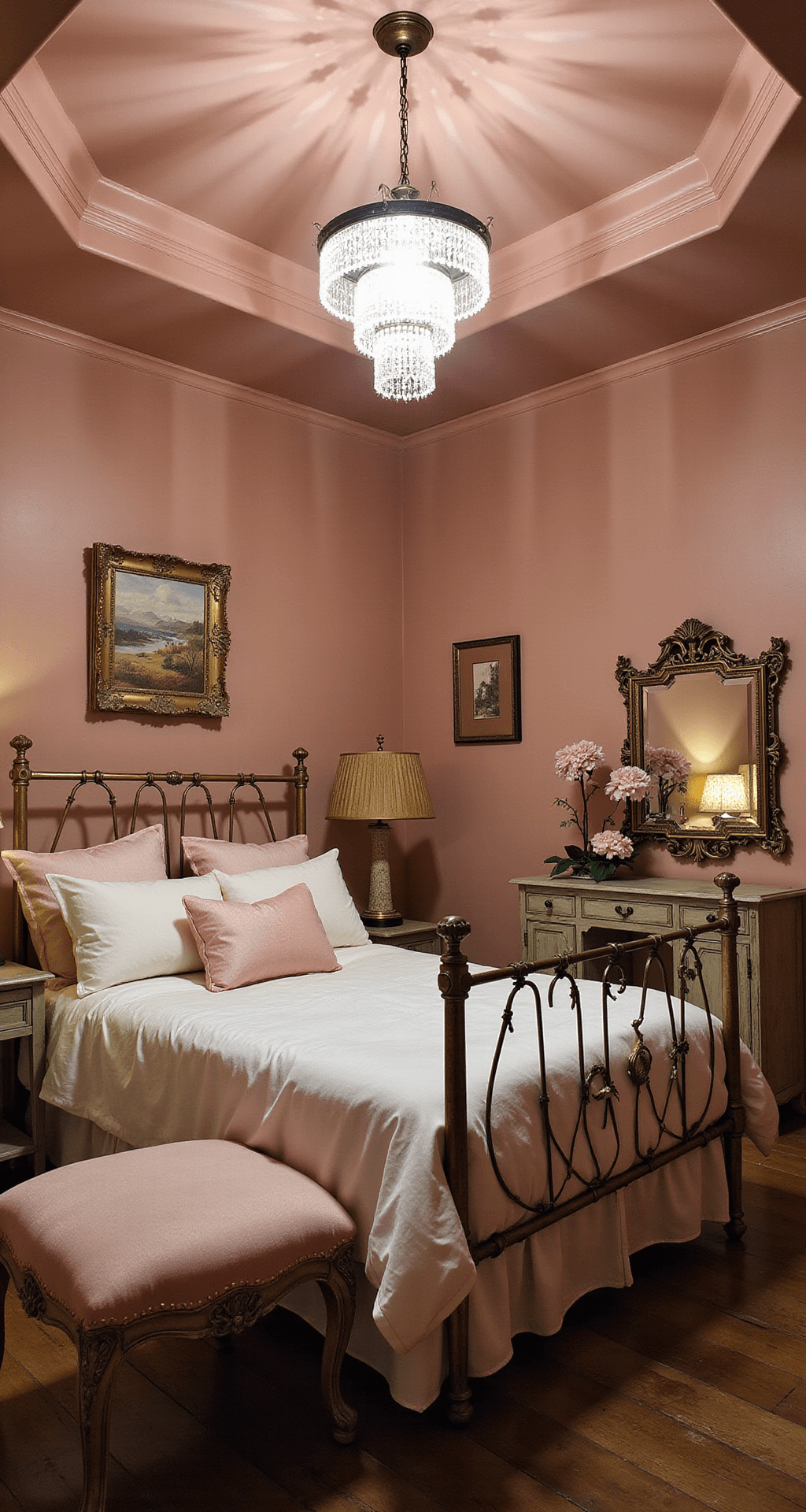 Grown Woman Bedroom Ideas: Creating Your Ultimate Sanctuary of Style and Comfort A vintage glamour bedroom featuring blush pink walls, an antique brass bed, and a crystal chandelier, highlighted by moody dusk lighting and an elevated view showcasing the dramatic tray ceiling and curated vintage decor.
