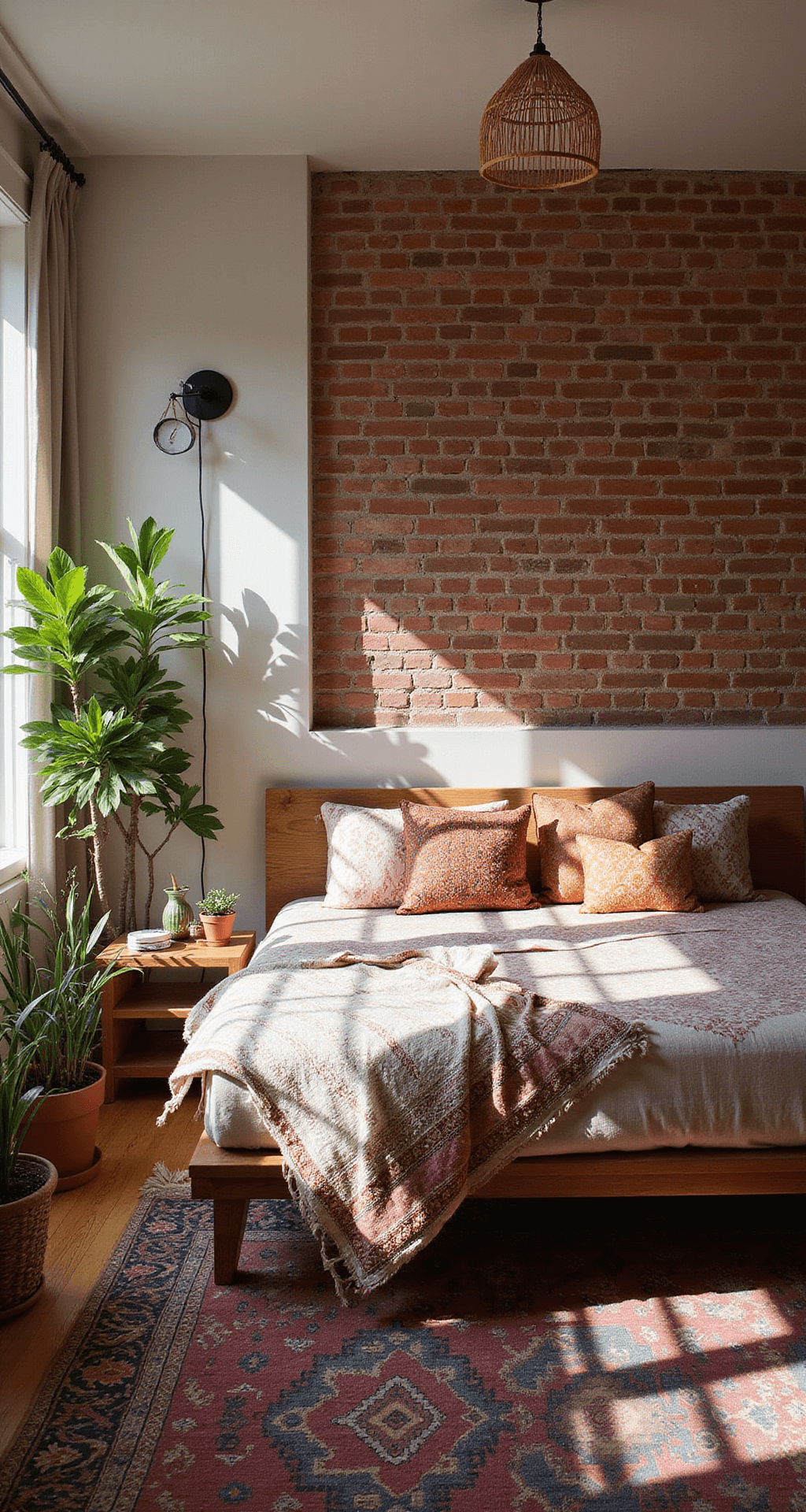 Grown Woman Bedroom Ideas: Creating Your Ultimate Sanctuary of Style and Comfort Bohemian luxe corner bedroom with exposed brick wall, featuring a low-slung platform bed adorned with vibrant textiles, a hanging rattan chair, potted palms, and a vintage Berber rug, illuminated by mid-morning sunlight and warm pendant lighting.
