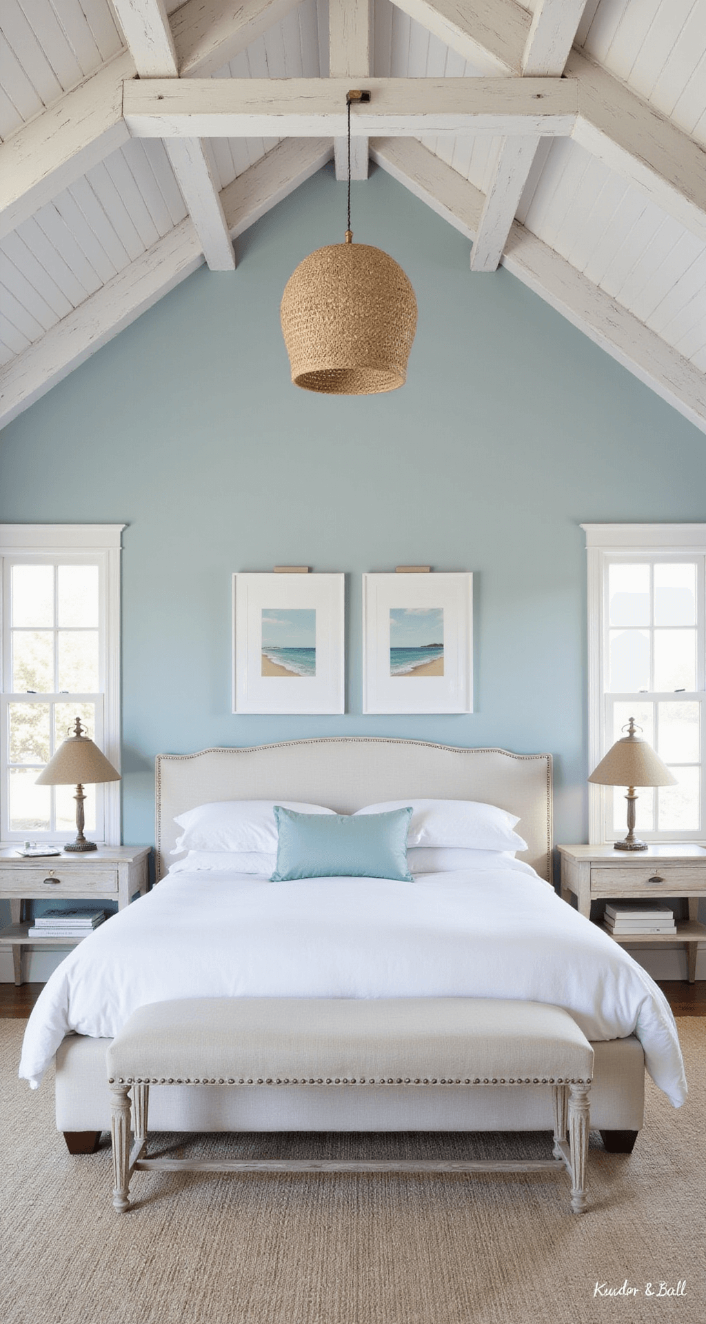 Grown Woman Bedroom Ideas: Creating Your Ultimate Sanctuary of Style and Comfort Airy coastal modern bedroom featuring a vaulted ceiling with whitewashed wood beams, pale blue-grey walls, a clean-lined upholstered bed in natural linen, layered in textured whites and sea glass hues, complemented by coastal art and bleached wood furniture, all illuminated by bright indirect light for a fresh atmosphere.