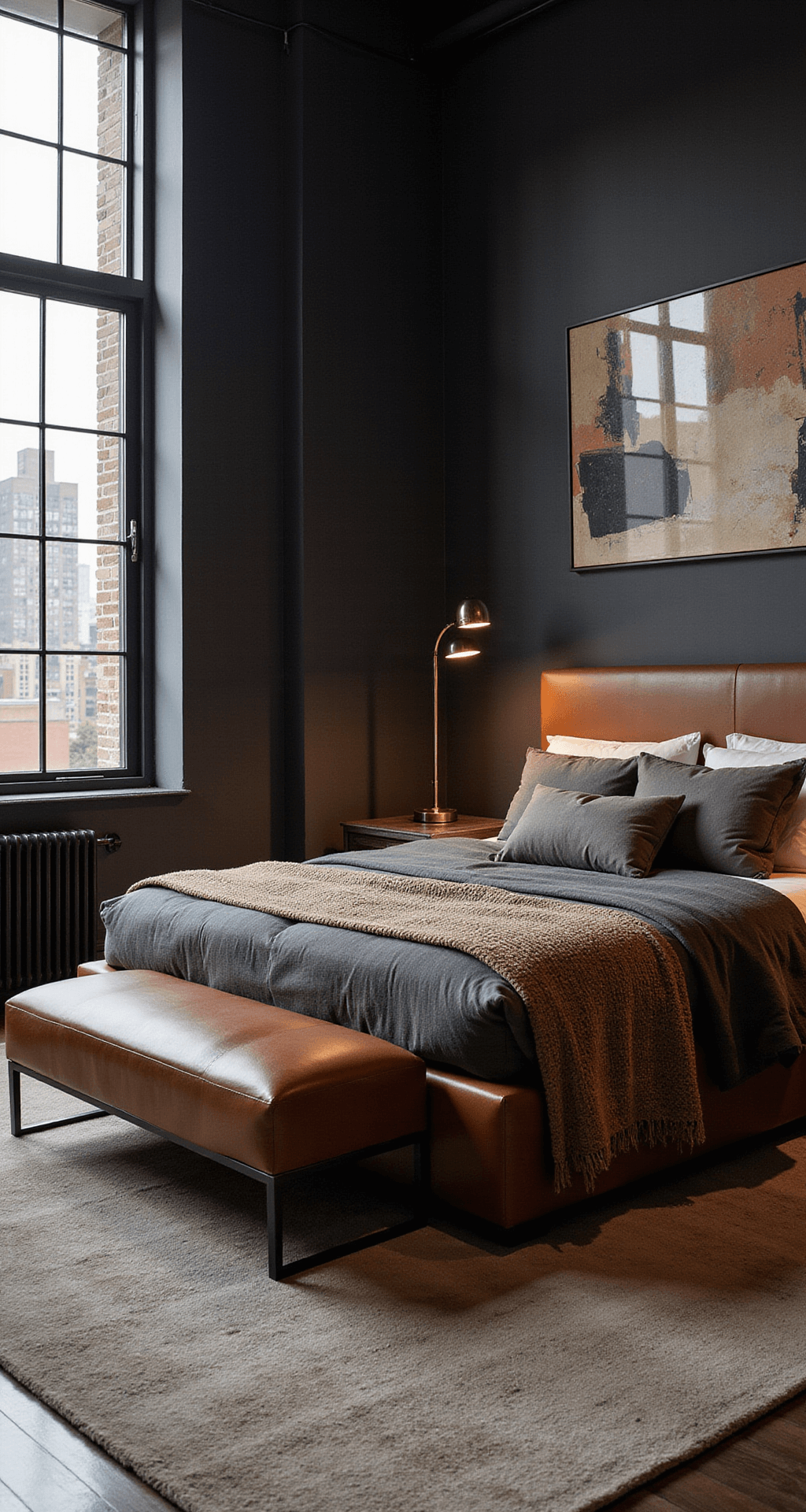 Grown Woman Bedroom Ideas: Creating Your Ultimate Sanctuary of Style and Comfort A compact 12x14ft urban bedroom featuring industrial windows, dark charcoal walls, a cognac leather platform bed, and rich textures including a velvet bench and wool carpet, illuminated by late afternoon city light and warm LED track lighting. Abstract art and metallic accents enhance the metropolitan ambiance.