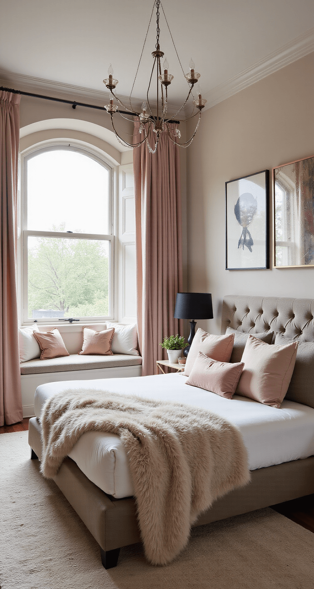 Grown Woman Bedroom Ideas: Creating Your Ultimate Sanctuary of Style and Comfort A feminine modernist corner room featuring a large architectural window seat, illuminated by soft morning light. The blush and cream color palette is accented with matte black elements, including a statement chandelier above a geometric upholstered bed. The room is adorned with a curated selection of modern art, mirrors, and organic sculptures, complemented by a plush area rug, silk pillows, and a faux fur throw for added softness. The image captures the window seat detail, showcasing an ethereal lighting atmosphere that conveys a sophisticated sanctuary feel.