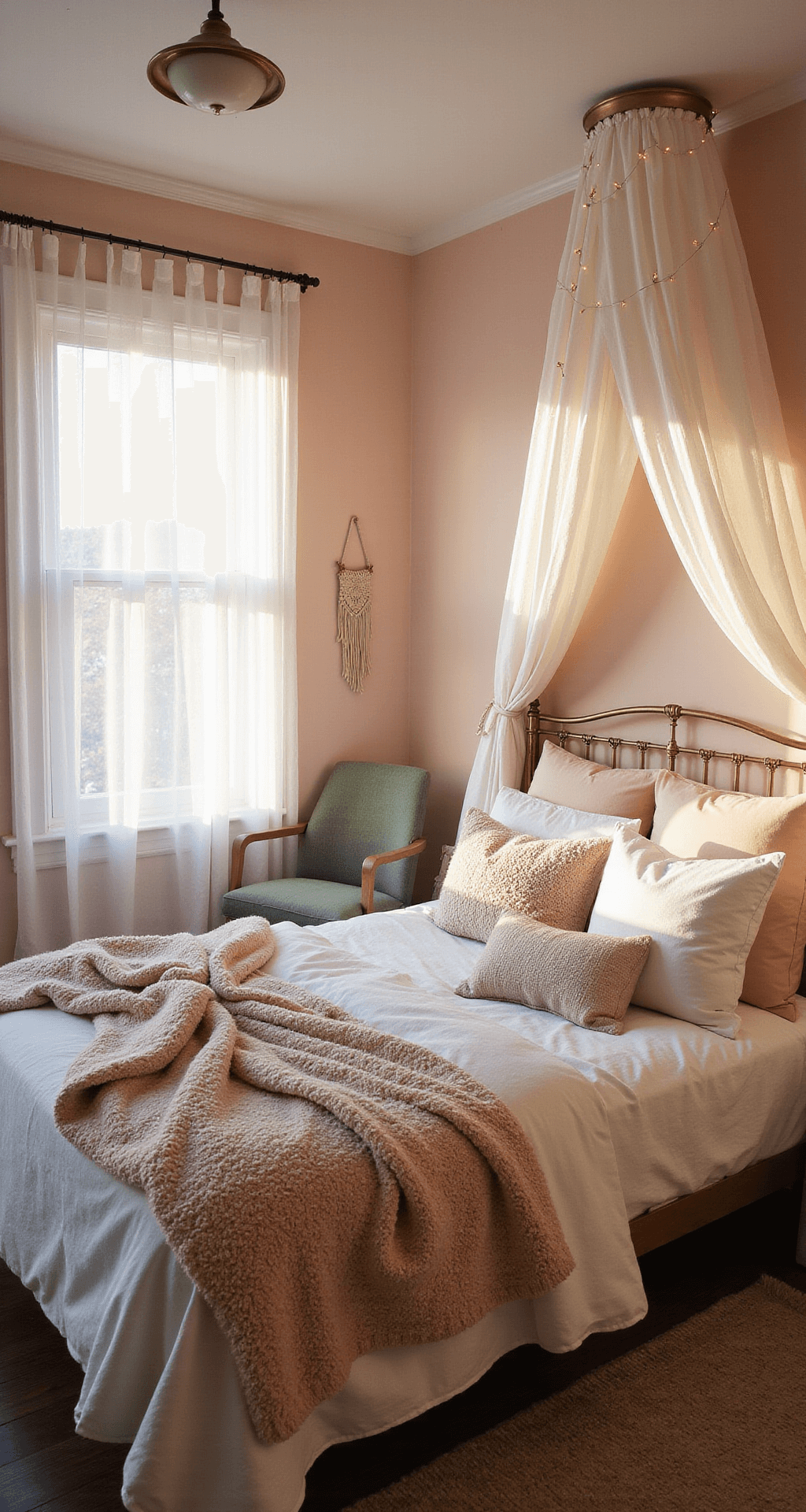 A sunlit bedroom with soft pink walls, a cloud-like bed layered with white linen and blush velvet, and a vintage brass bed frame draped with ethereal white curtains and fairy lights. The room features a sage green accent chair, macramé wall hanging, and is captured from a low corner angle to highlight ceiling height and natural light.