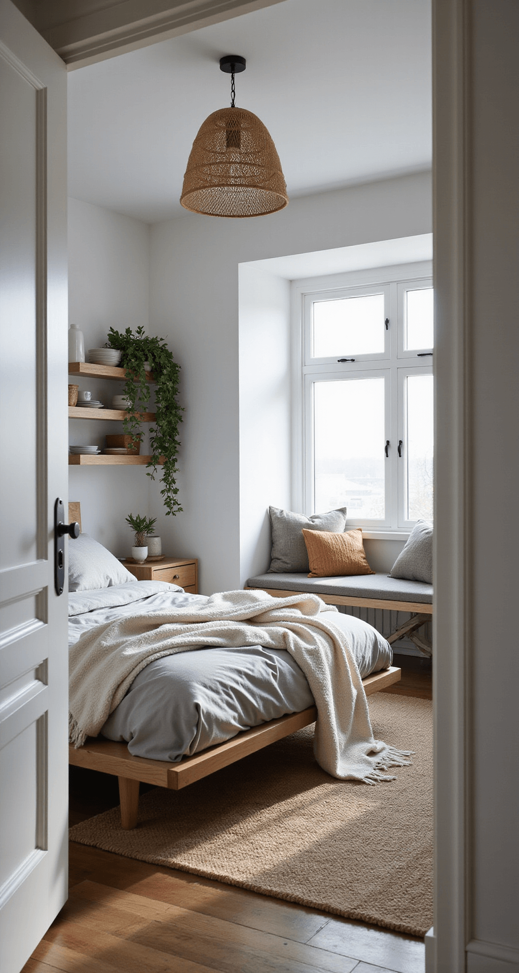 An intimate Scandinavian-inspired bedroom at dawn, featuring a minimal platform bed with grey linens, light oak floating shelves with ceramics and plants, a rattan pendant lamp casting shadows, a built-in window seat with cushions, and a jute rug illuminated by morning light.