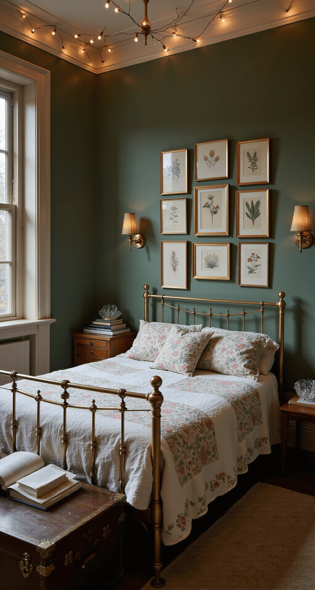 Cozy bedroom at dusk with deep sage green accent wall, brass daybed adorned with vintage quilts and Liberty print pillows, botanical gallery wall, warm copper string lights overhead, stacked books and crystal clusters on bedside, vintage trunk as nightstand, shot from bed level.