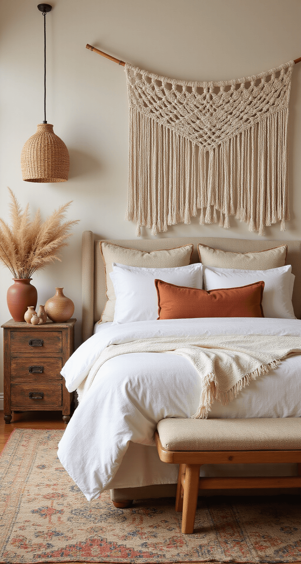 Bright corner bedroom showcasing a bohemian style with warm ivory walls, a king bed adorned in layered white, cream, and terra cotta linens, a large macramé wall hanging, rattan pendant lights, a vintage Moroccan rug, and earthenware vessels, accented with dried pampas grass, captured from an elevated position to highlight floor patterns and textures.