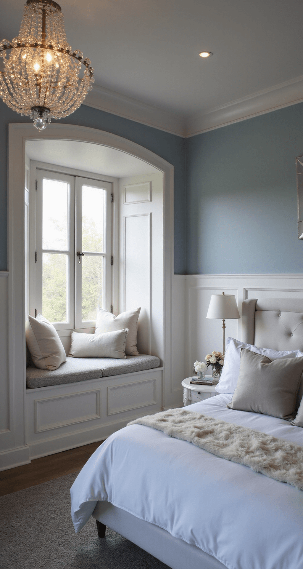 A serene pastel bedroom at twilight featuring pale blue walls and white wainscoting. A soft grey velvet queen bed is highlighted by a crystal chandelier casting dramatic shadows. String lights frame French doors, while a built-in window seat is adorned with blush and silver pillows. Sheepskin throws and mirrored accents add a touch of glamour.