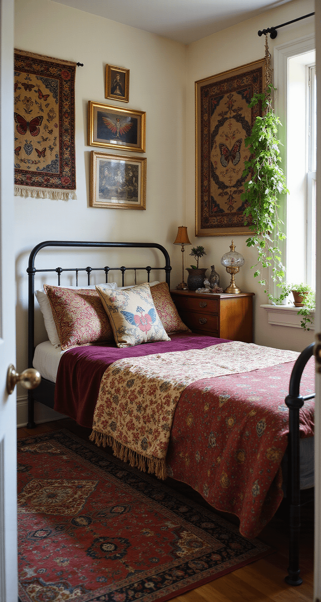An eclectic collector's bedroom filled with afternoon light, featuring cream walls adorned with vintage tapestries and framed butterflies. The iron bed frame is draped in jewel-toned velvet quilts and global textiles. An antique dresser showcases brass objects, crystals, and trailing plants, all captured in a maximalist style with a vibrant vintage Persian rug on the floor.