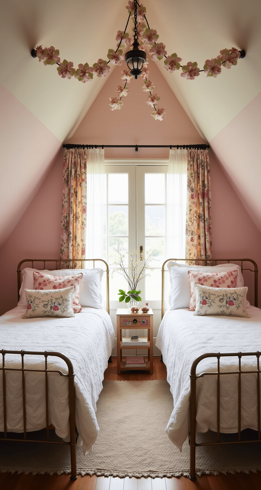 A whimsical 11x12ft bedroom at first light with blush ombré walls, twin brass beds in white eyelet linens and vintage floral quilts, paper flower garlands on the ceiling, and sheer botanical curtains at French doors, all captured from a corner perspective with soft morning light.