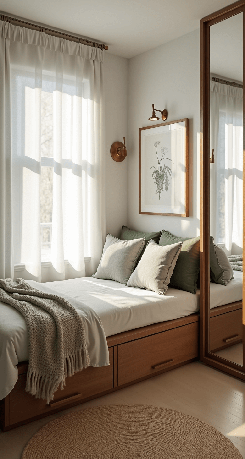 A cozy 10x12ft bedroom featuring a daybed with built-in drawers, bathed in morning light filtered through white curtains, with sage green accents, a walnut desk, brass sconces, layered textures, and mirrored wardrobes.